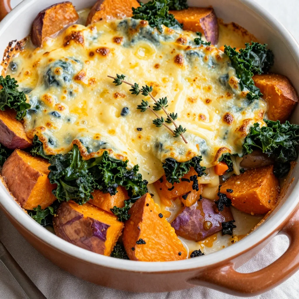 sweet potato and kale gratin with gruyere cheese for winter family dinner