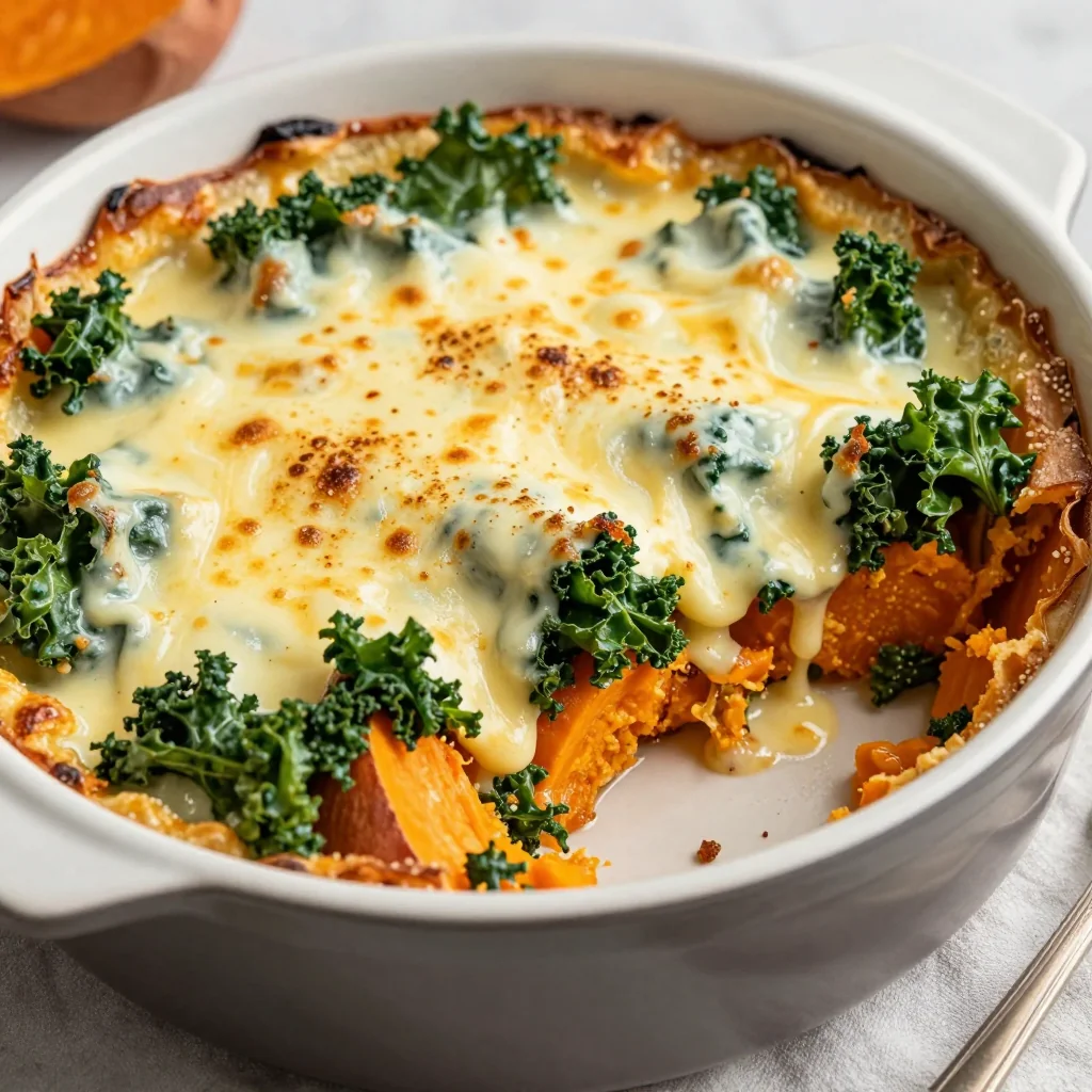 sweet potato and kale gratin with gruyere cheese for winter family dinner