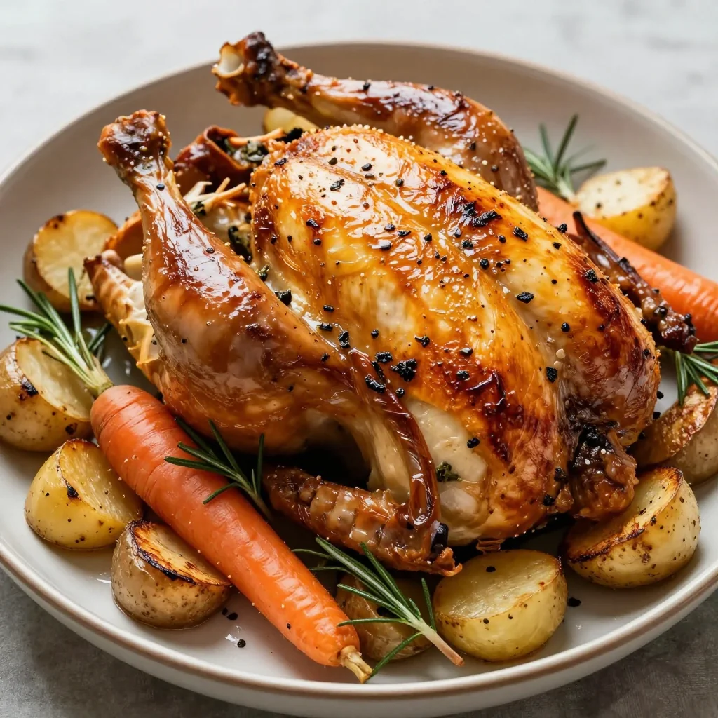 tender garlic and herb roasted chicken with winter root vegetables