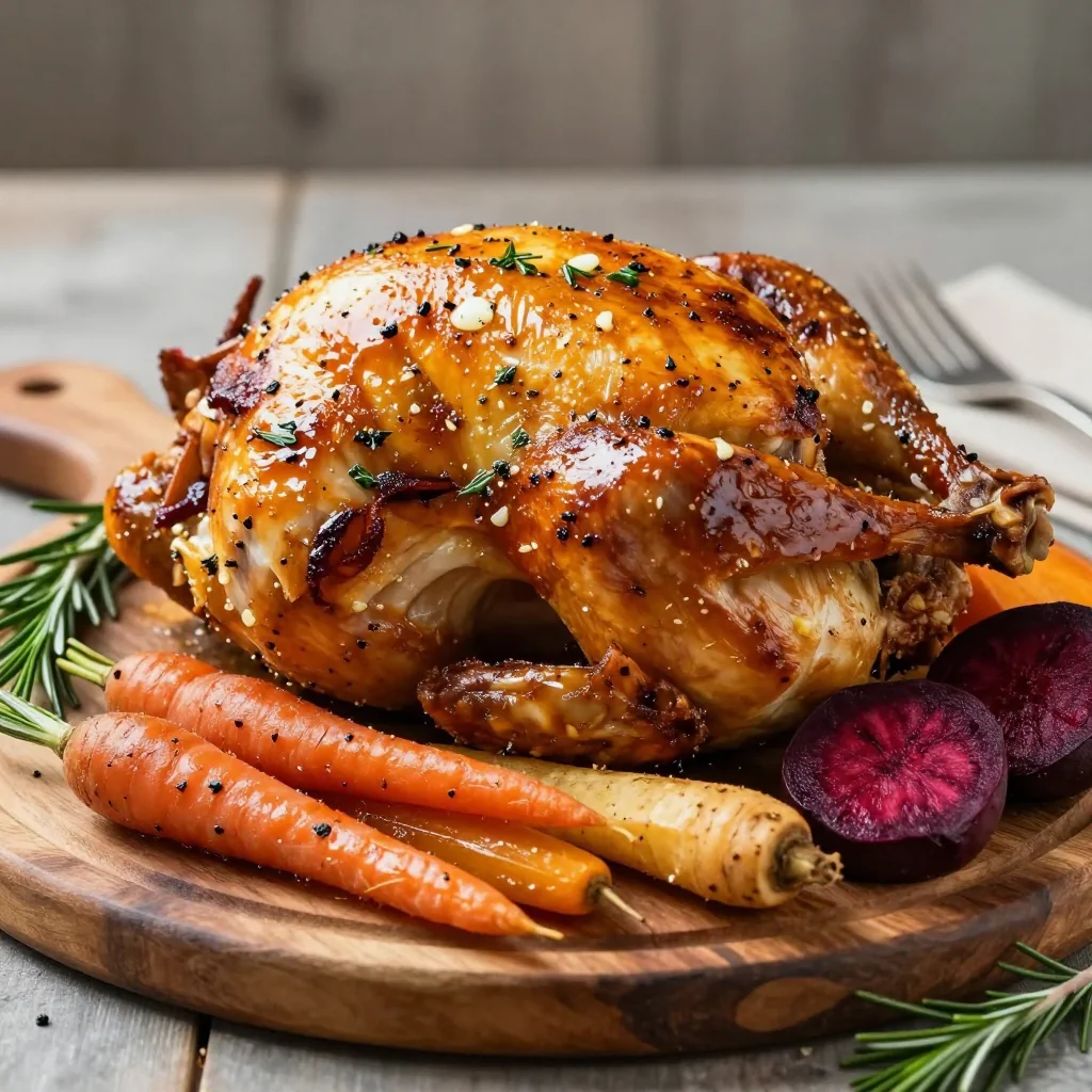 tender garlic and herb roasted chicken with winter root vegetables