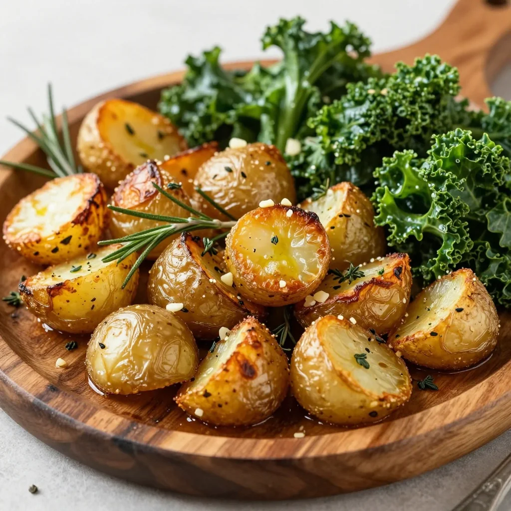 tender garlic roasted potatoes with kale and herbs for family suppers