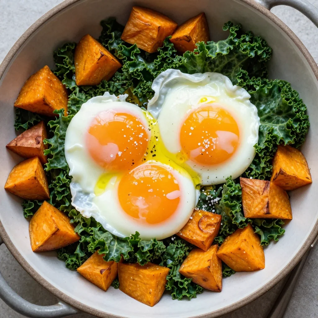 warm breakfast casserole with sweet potatoes kale and poached eggs
