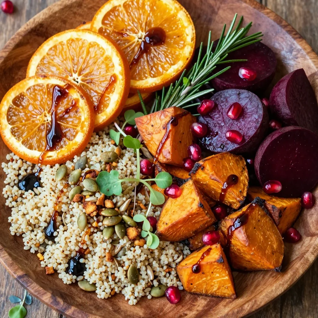 Warm citrus and herb roasted sweet potato and beet salad for clean eating