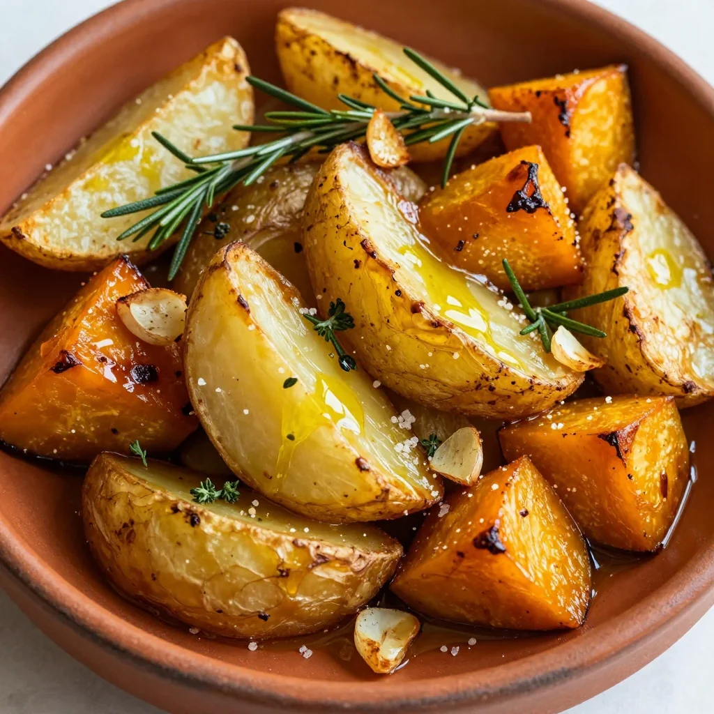 warm garlic and rosemary roasted winter squash and potatoes for families
