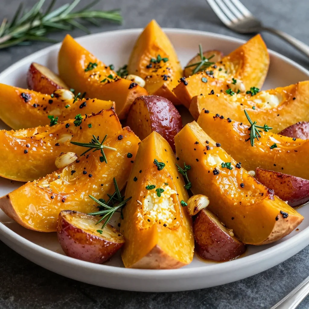 warm garlic and rosemary roasted winter squash and potatoes for families