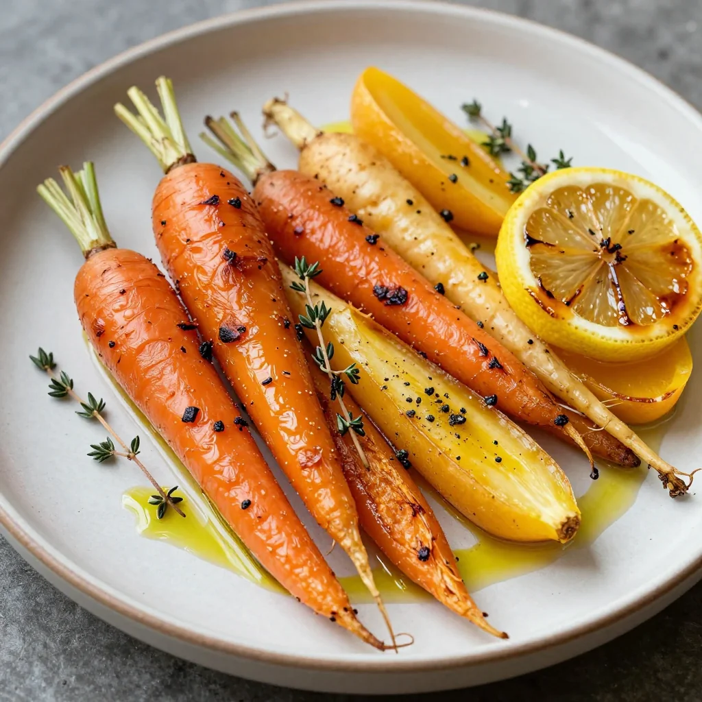 warm garlic roasted root vegetable medley with lemon and fresh thyme