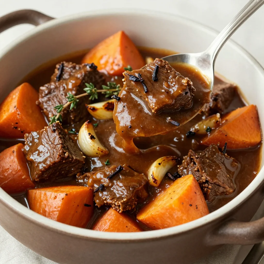 warm slow cooker beef stew with sweet potato and roasted garlic