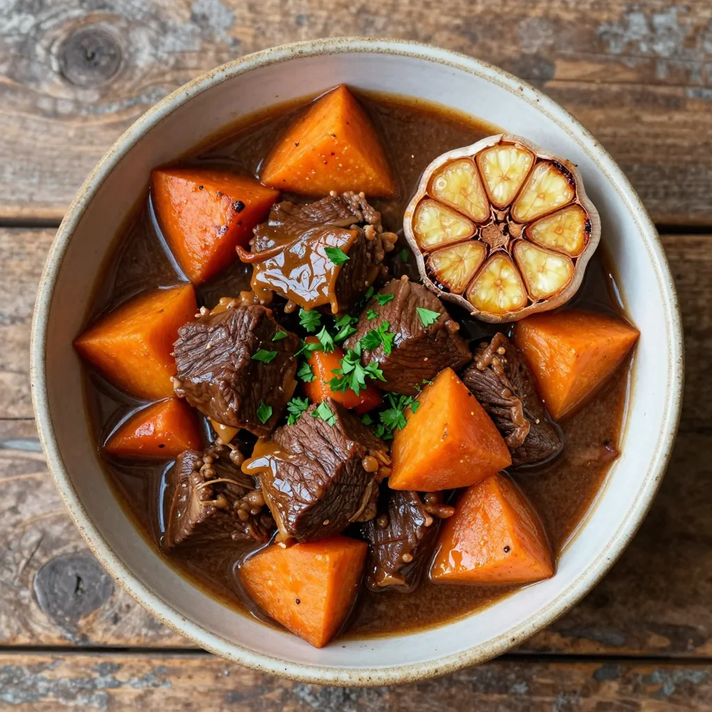 warm slow cooker beef stew with sweet potato and roasted garlic