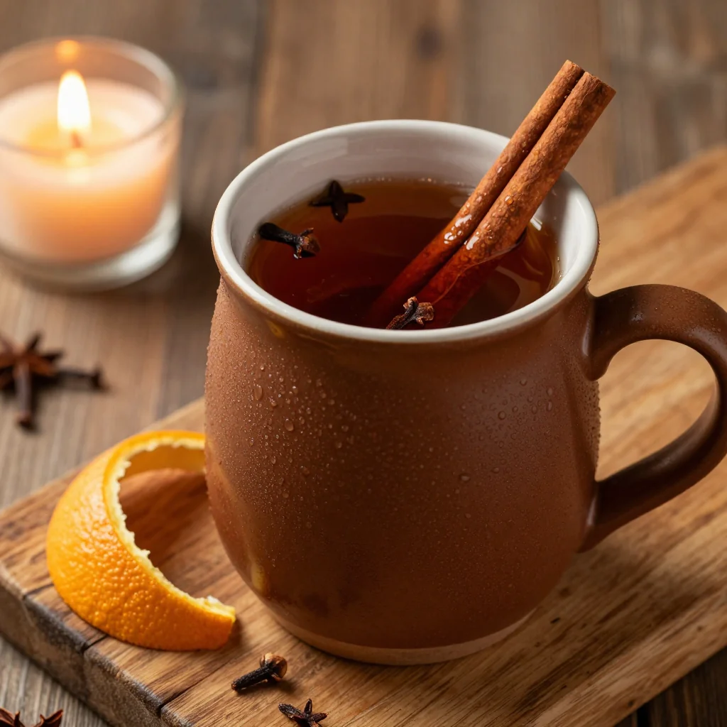 warm spiced apple cider with cinnamon and cloves for winter evenings