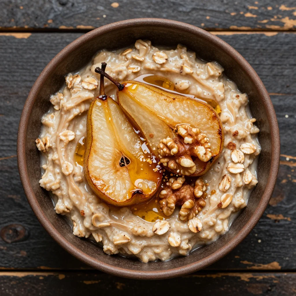 Warm Spiced Oatmeal With Baked Pears And Honey