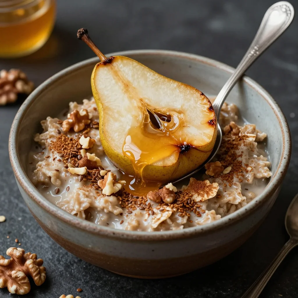 Warm Spiced Oatmeal With Baked Pears And Honey