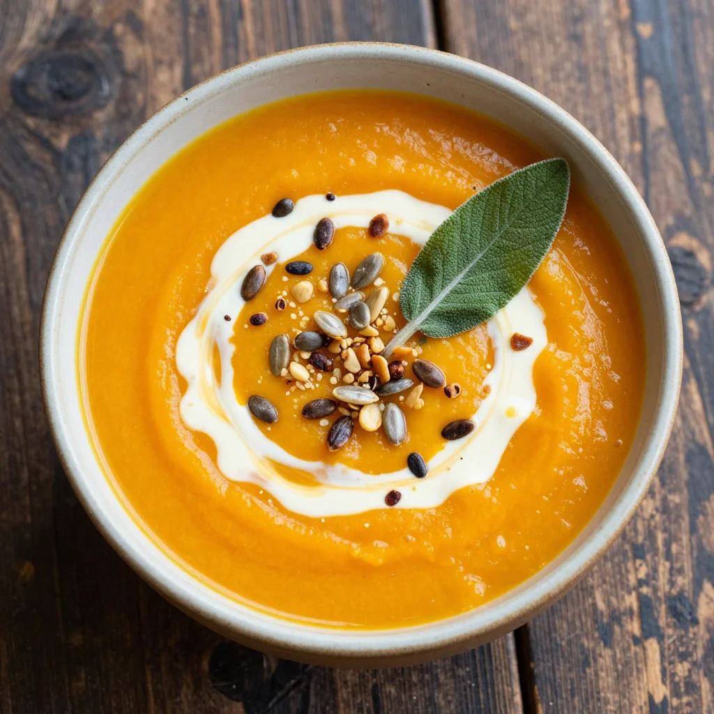 warm spiced pumpkin soup with toasted pepitas for holiday dinner comfort