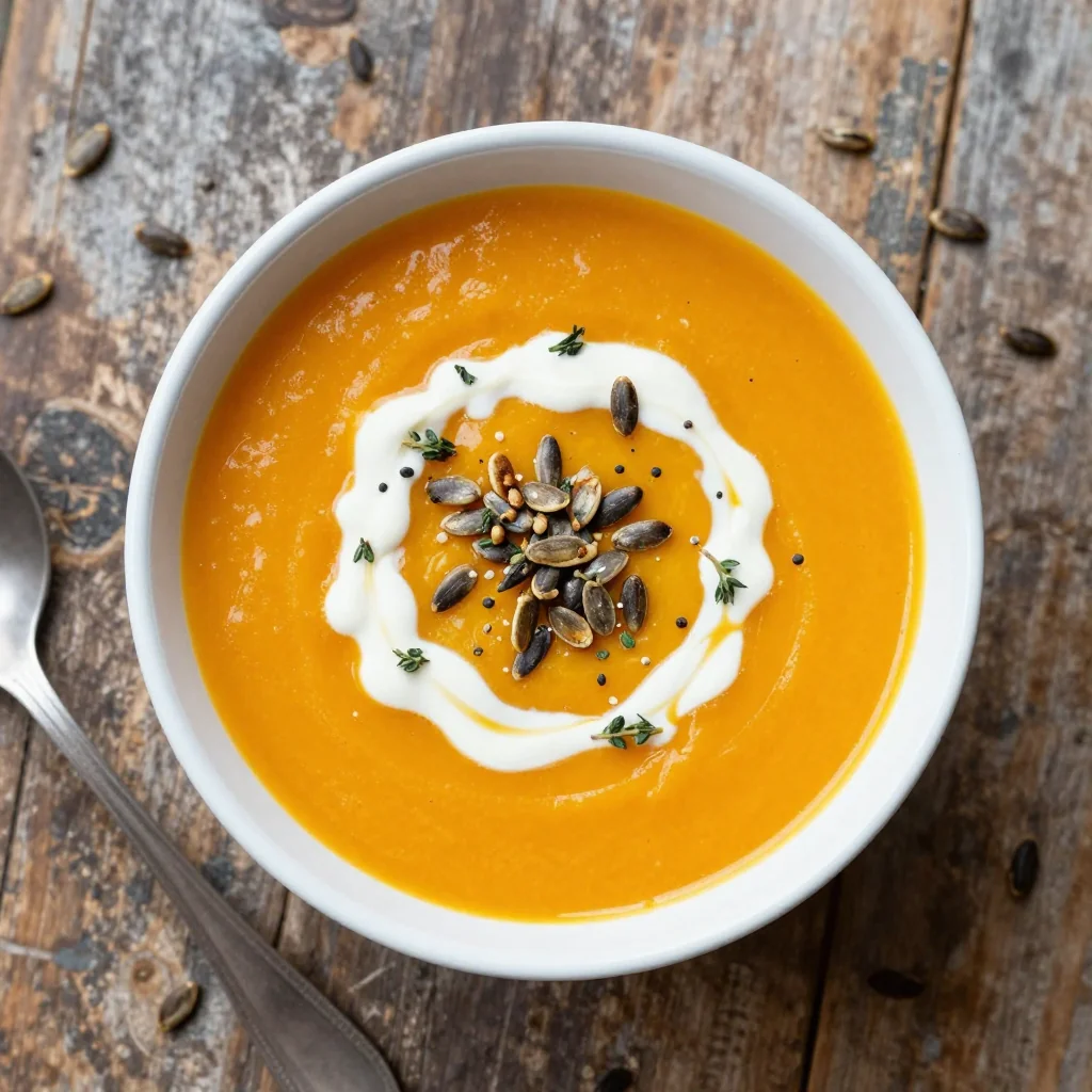 warm spiced pumpkin soup with toasted pepitas for holiday dinner comfort