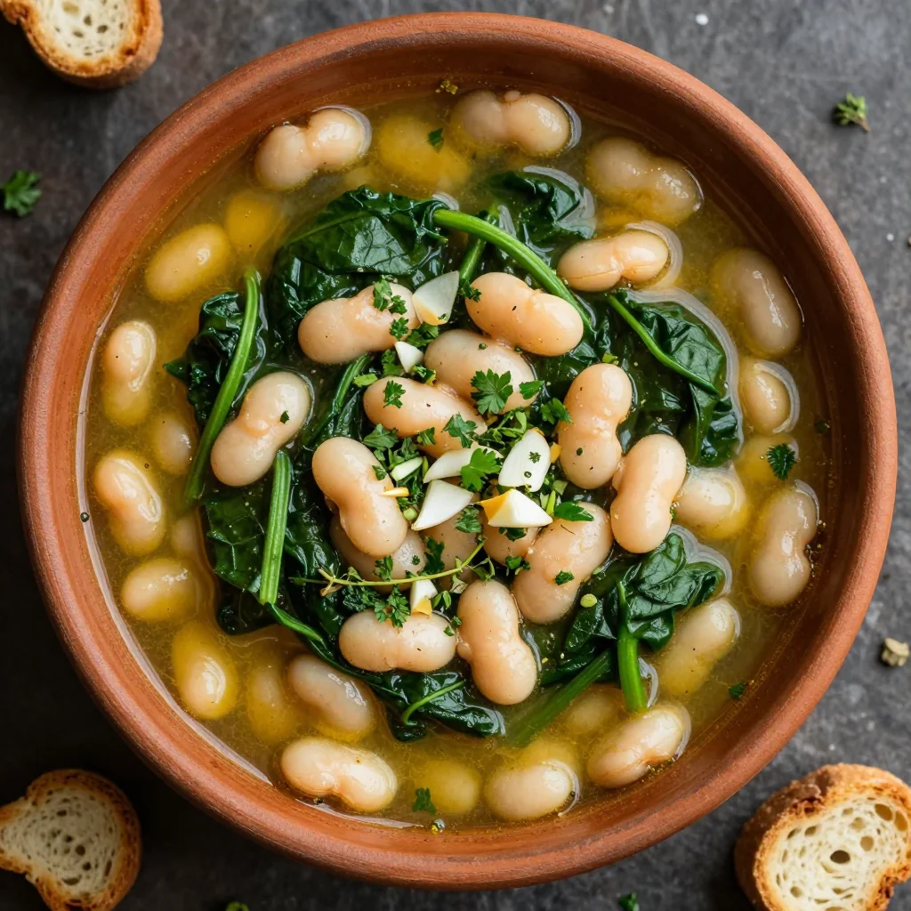 warm spinach and white bean soup with garlic and herbs