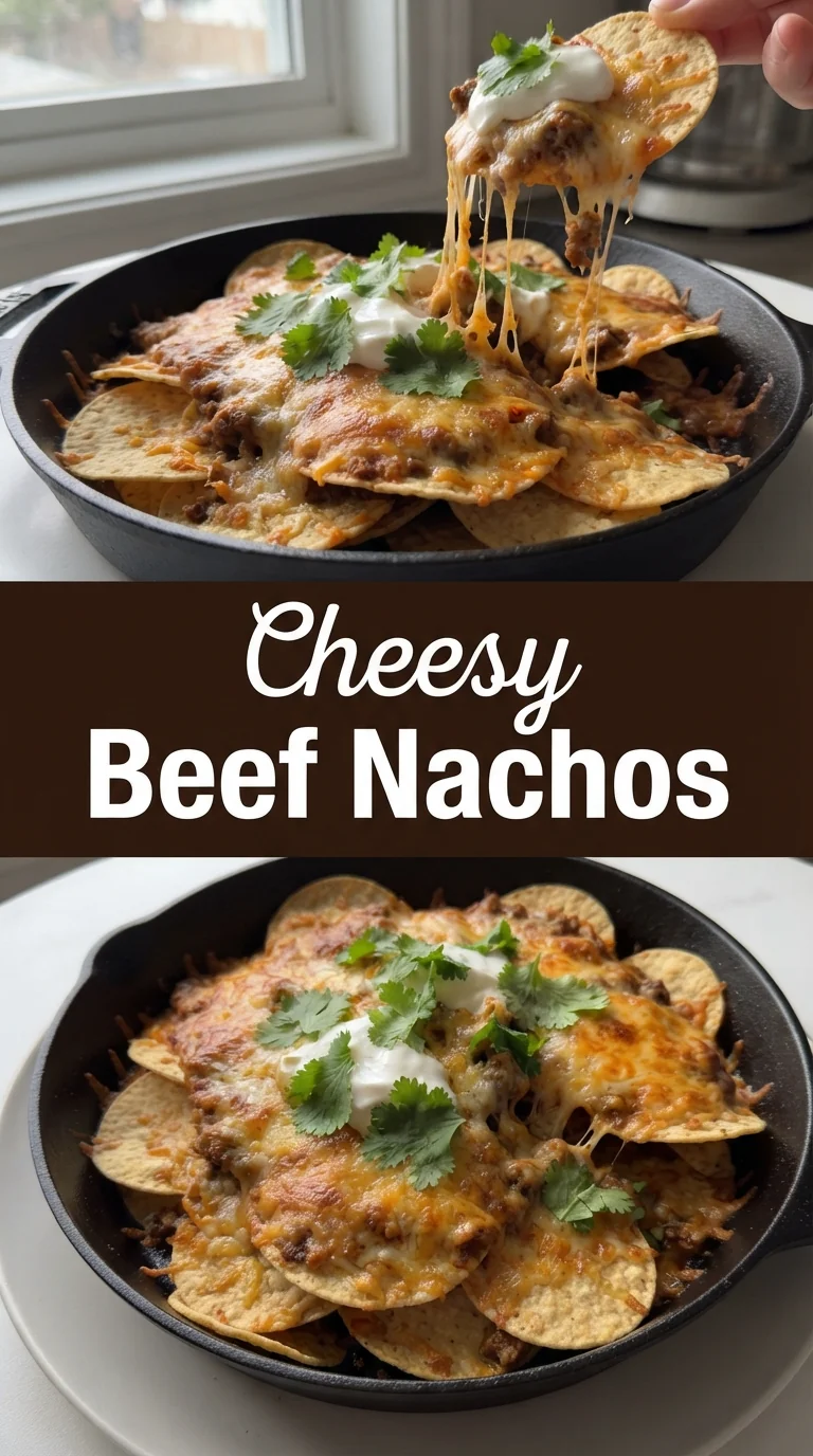 Golden baked nachos topped with seasoned beef, melted cheddar, diced tomato, jalapeño slices, and cilantro.