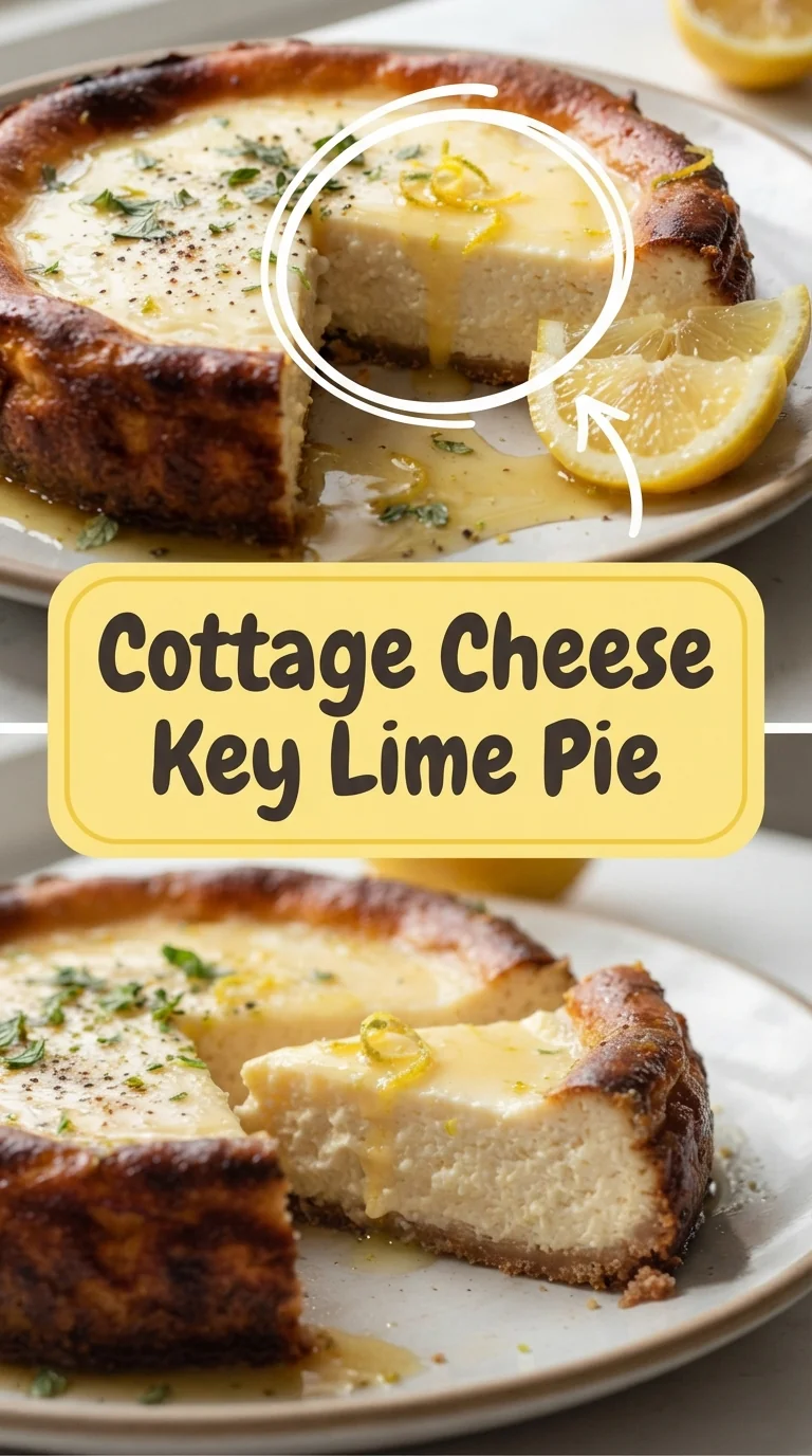 Slice of cottage cheese key lime pie on a white plate showing a golden graham cracker crust, creamy lime‑colored filling