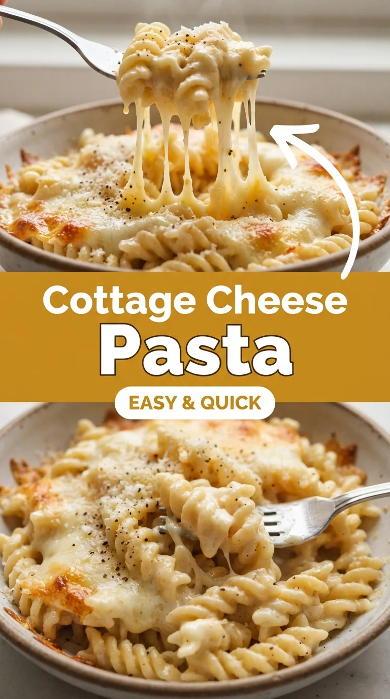 Creamy cottage cheese pasta topped with grated Parmesan and parsley, served on a white plate with a fork beside it.