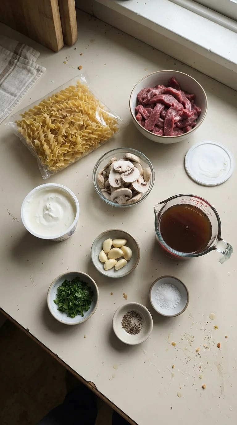 Ingredients for Creamy Beef Stroganoff Egg Noodles