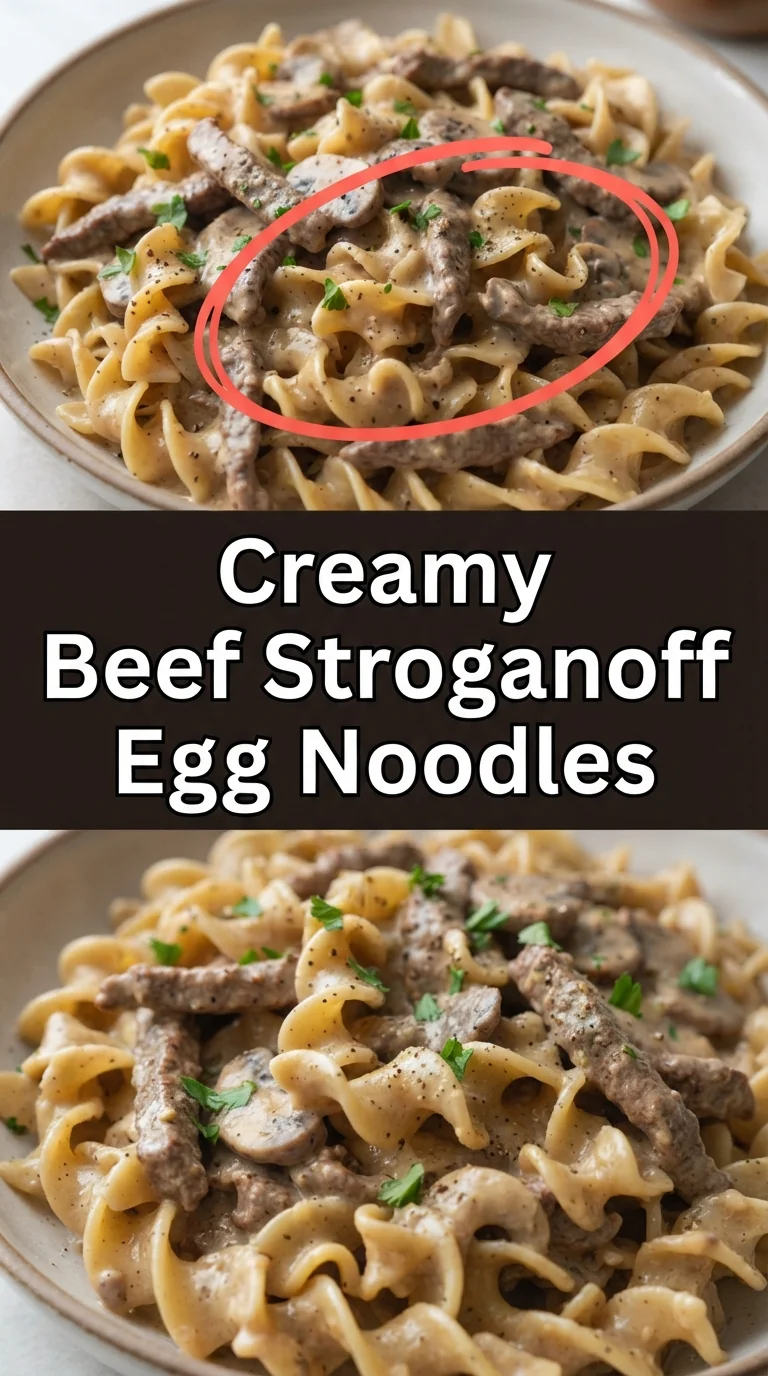 Creamy beef stroganoff with mushrooms served over buttery egg noodles on a white plate.