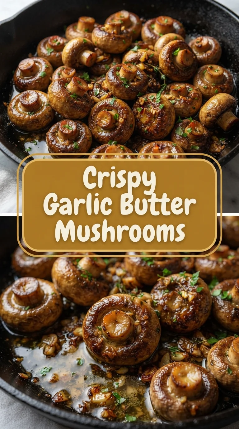 Crispy golden mushrooms coated in garlic butter, garnished with thyme and parsley.