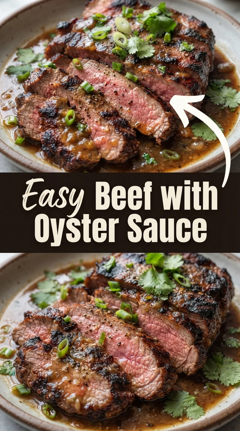 Thinly sliced beef strips glazed in glossy oyster sauce, sprinkled with cilantro and black pepper on a white plate.
