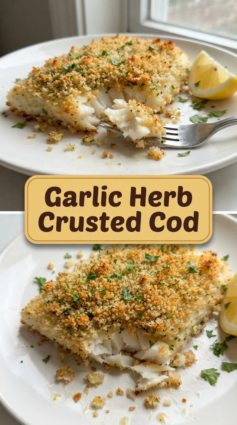 Golden crusted cod fillets with herbs on a plate