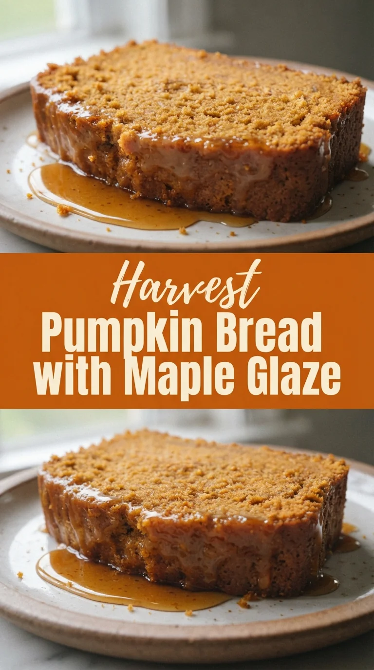 A slice of golden pumpkin bread drizzled with shiny maple glaze on a rustic plate.