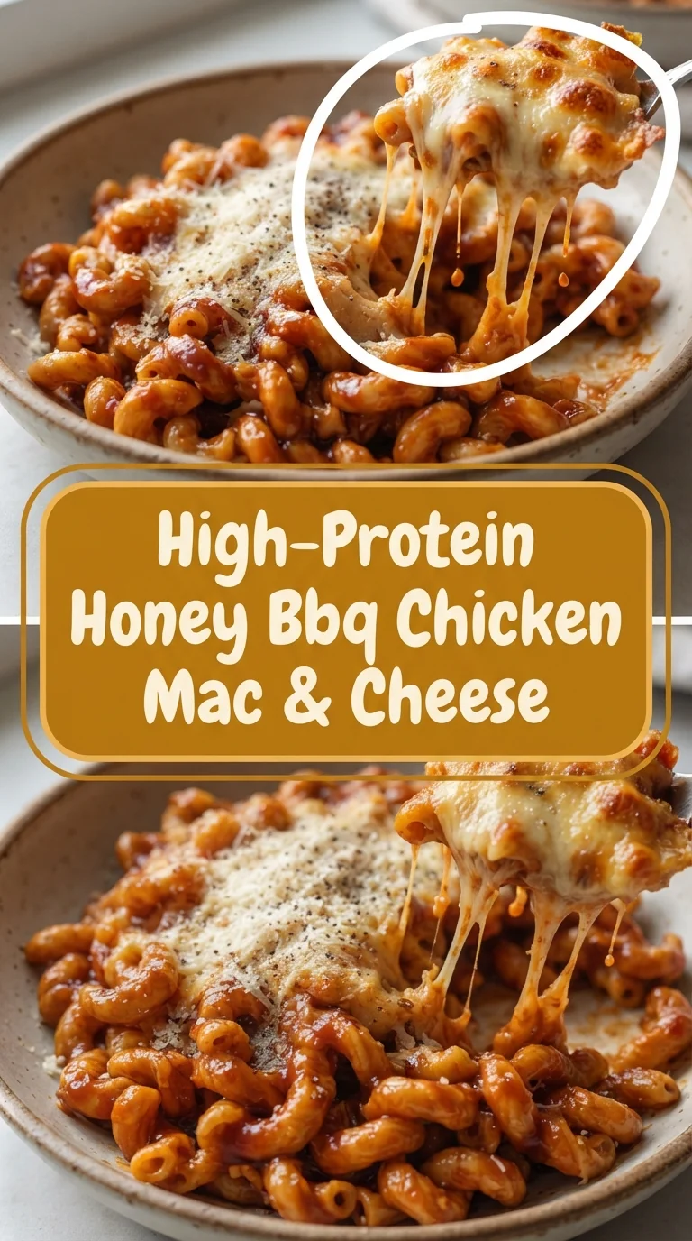 Bowl of creamy macaroni and cheese mixed with honey‑glazed BBQ chicken, topped with melted cheddar and parsley.