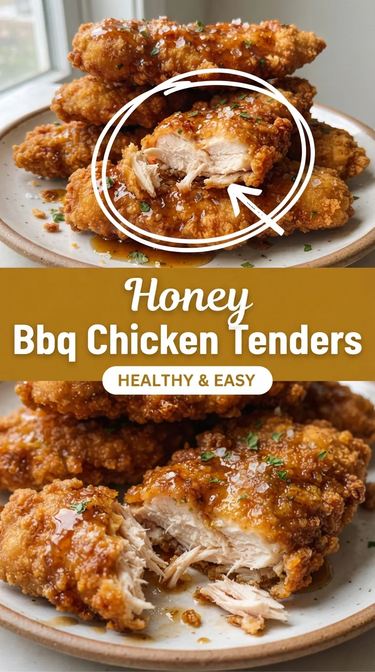 Crispy chicken tenders coated in golden panko crumbs, glazed with a shiny honey BBQ sauce on a white plate with a side o