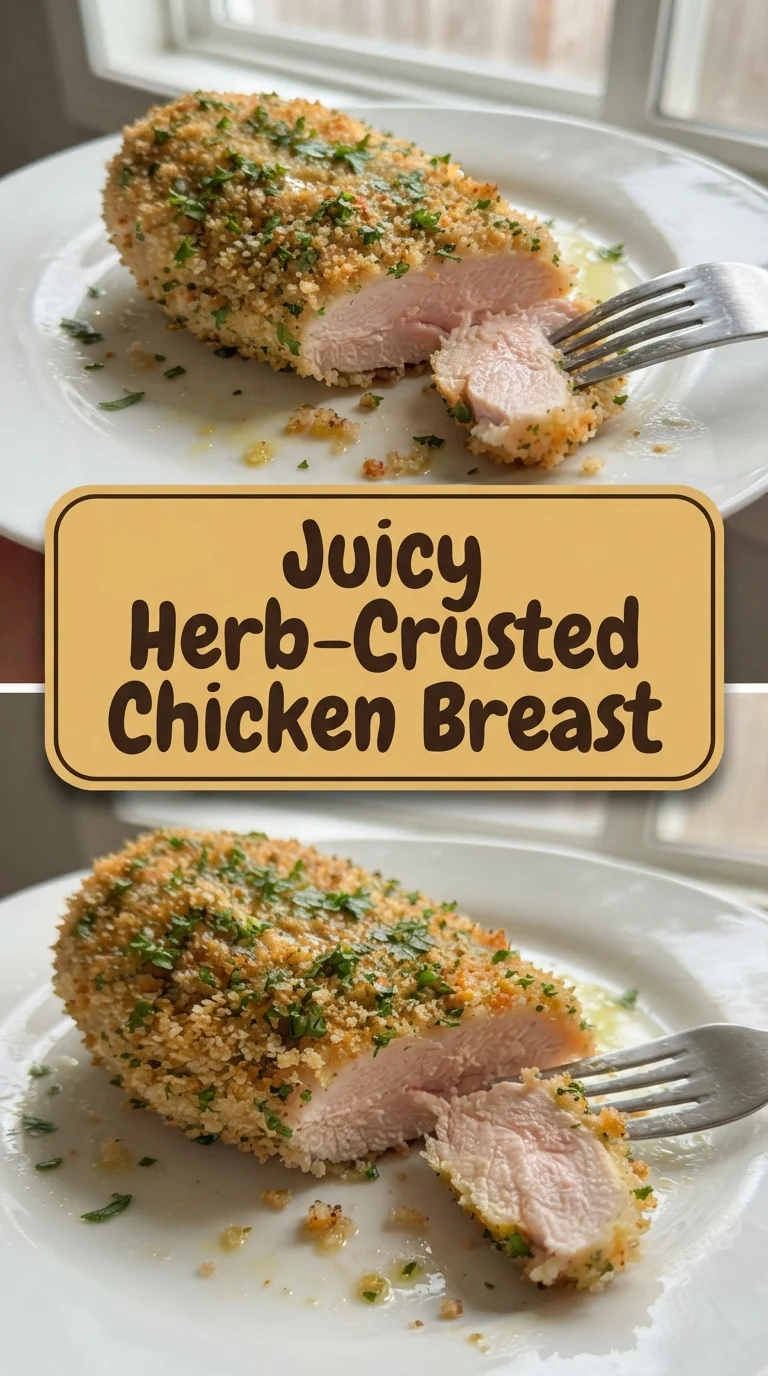Golden herb‑panko crust covering a plump chicken breast on a white plate.
