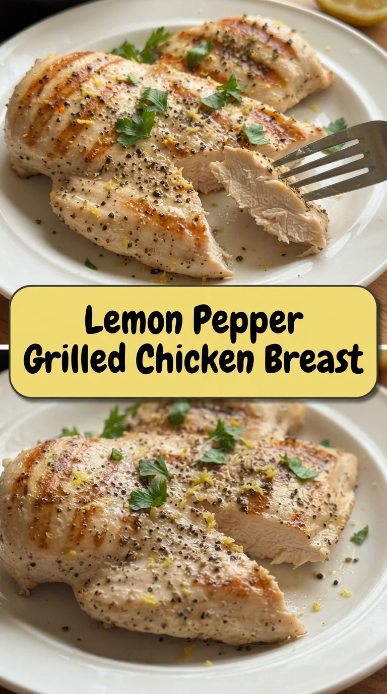 Grilled chicken breast brushed with lemon zest and pepper, showing charred grill marks.