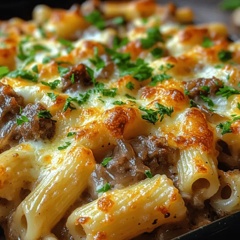 If you’re on the hunt for a dish that embodies cozy evenings and hearty meals, the Savory French Onion Beef Pasta Bake should be at the top of your list. This delightful casserole combines the comforting elements of tender pasta, rich ground beef, and the sweet, complex flavors of caramelized onions, all topped with a melty layer of cheese. It’s a dish that not only fills your belly but also warms your soul, making it the perfect comfort food for any occasion.