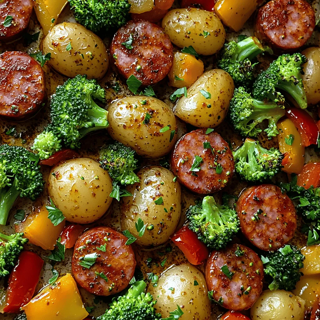 In the fast-paced world of contemporary cooking, sheet pan meals have carved a niche for themselves as the go-to solution for busy families and individuals alike. These one-pan wonders not only simplify the cooking process but also offer a delicious array of flavors, making them an appealing choice for weeknight dinners. Among the myriad of options available, the <strong>Sizzlin’ Kielbasa & Veggie Sheet Pan Delight</strong> stands out as a wholesome, easy-to-prepare dish that harmoniously blends protein and vegetables. This recipe is perfect for those nights when time is short, yet you still want to serve a meal that is both nutritious and satisfying.” /></p>
</p>
<h3>Preparation Steps Explained</h3>
</p>
<p><strong>Preheating the Oven</strong></p>
</p>
<p>Before diving into the actual cooking process, it’s crucial to preheat your oven to 400°F (200°C). Preheating is a key step in achieving that golden-brown, perfectly roasted exterior on your kielbasa and vegetables. Proper temperature ensures that the heat is evenly distributed, allowing the vegetables to caramelize and the sausage to develop a delightful crust. Skipping this step can result in uneven cooking, where some ingredients may be overcooked while others are still raw.</p>
</p>
<p><strong>Vegetable Preparation</strong></p>
</p>
<p>Choosing the right vegetables is essential for creating a balanced and colorful dish. For this recipe, you can select an array of your favorites or whatever is seasonal. Bell peppers, zucchini, broccoli, and red onions work wonderfully together. When preparing these vegetables, aim for uniformity in size; cut them into similar-sized pieces, about 1 to 1.5 inches. This ensures that everything cooks evenly.</p>
</p>
<p>For instance, bell peppers can be sliced into strips, zucchini can be cut into half-moons, and broccoli florets should be trimmed to a size that allows for quick cooking. If you’re using sturdier vegetables, such as carrots, consider slicing them thinner or into matchsticks so they cook at the same rate as the softer vegetables.</p>
</p>
<p><strong>Seasoning Techniques</strong></p>
</p>
<p>Seasoning is where flavor comes to life. Begin by placing your cut vegetables in a large bowl. Drizzle with olive oil—about 2 to 3 tablespoons should suffice—then sprinkle with salt, pepper, and your choice of dried herbs. Rosemary, thyme, and garlic powder pair beautifully with both kielbasa and veggies. Toss everything well to ensure an even coating, which is vital for maximizing the flavor. Your vegetables should glisten lightly with oil, but not be swimming in it, as excess oil can lead to sogginess.</p>
</p>
<p><strong>Combining Ingredients</strong></p>
</p>
<p>Once your vegetables are seasoned, it’s time to incorporate the kielbasa. Cut the sausage into bite-sized pieces, approximately 1-inch thick, to ensure they cook through while still maintaining their juiciness. Add the sausage to the bowl with the vegetables, and toss everything together once more. This is where you’ll want to make sure the flavors are evenly distributed; the oil and seasonings should coat both the veggies and the kielbasa for a harmonious bite in every forkful.</p>
</p>
<p><strong>Arranging on the Sheet Pan</strong></p>
</p>
<p>The arrangement on the sheet pan is crucial for achieving that sought-after crispiness. Start by lining your sheet pan with parchment paper or aluminum foil for easy cleanup and to prevent sticking. Spread the mixture out evenly across the pan, ensuring that the sausage and vegetables are in a single layer. Avoid overcrowding the pan, as this can trap steam and prevent browning. If necessary, use two pans to keep everything separated.</p>
</p>
<p><strong>Roasting Process</strong></p>
</p>
<p>Place the prepared sheet pan in the preheated oven and roast for about 25 to 30 minutes, tossing the ingredients halfway through. This allows for even cooking and browning. Keep an eye on the mixture during the last 10 minutes; you want the vegetables to be tender yet slightly crispy on the edges, while the kielbasa should develop a beautiful caramelized exterior. If you prefer your veggies a bit crisper, leaving them in for an additional 5 minutes can enhance that roasted flavor.</p>
</p>
<h3>Cooking Time and Serving Suggestions</h3>
</p>
<p>This recipe is not only delicious but incredibly efficient. The total prep time is about 15 minutes, with a cooking time of 30 minutes, allowing you to have a wholesome meal ready in less than an hour.</p>
</p>
<p>When it comes to serving your Sizzlin’ Kielbasa & Veggie Sheet Pan Delight, consider it a versatile dish. It can easily stand alone as a hearty main course, or you can pair it with a side of quinoa or brown rice for a more filling meal. If you’re looking for meal prep options, this dish is perfect for making in bulk. Simply divide the leftovers into containers for a quick and easy lunch or dinner throughout the week.</p>
</p>
<p>For complementary sides, consider a fresh green salad with a lemon vinaigrette to balance the richness of the kielbasa. Additionally, a dollop of mustard or a drizzle of balsamic glaze can elevate the flavors beautifully.</p>
</p>
<h3>Nutritional Value of Sizzlin’ Kielbasa & Veggie Sheet Pan Delight</h3>
</p>
<p>In terms of nutritional content, this Sizzlin’ Kielbasa & Veggie Sheet Pan Delight is a well-rounded dish. Each serving typically contains around 350-400 calories, depending on the amount of olive oil used and the specific types of vegetables. The kielbasa provides a satisfying source of protein, while the array of vegetables contributes essential vitamins, minerals, and fiber.</p>
</p>
<p>This recipe can easily fit into various dietary lifestyles. For those following a low-carb or ketogenic diet, you can substitute the kielbasa with turkey or chicken sausage for a leaner option. Alternatively, you can increase the vegetable content or swap out the kielbasa altogether for a plant-based sausage to cater to vegetarian or vegan preferences.</p>
</p>
<p>Balancing meals with protein, healthy fats, and carbohydrates is vital for maintaining energy levels throughout the day, making this dish a wholesome choice that can be enjoyed by everyone in the family.</p>
</p>
<h3>Conclusion</h3>
</p>
<p>The Sizzlin’ Kielbasa & Veggie Sheet Pan Delight encapsulates the beauty of cooking—simple, flavorful, and satisfying meals that can bring everyone together. With its ease of preparation and cooking, it’s perfect for busy weeknights or casual gatherings.</p>
</p>
<p>Don’t be afraid to experiment with different vegetable combinations or seasonings to make this dish your own. Whether you opt for seasonal produce or explore new flavor profiles, each variation can lead to delightful surprises.</p>
</p>
<p>Cooking is not just about nourishment; it’s a way to connect with family and friends, creating memories over shared meals. So gather your loved ones, whip up this delicious dish, and enjoy the joy of good food and great company!</p>
</div>