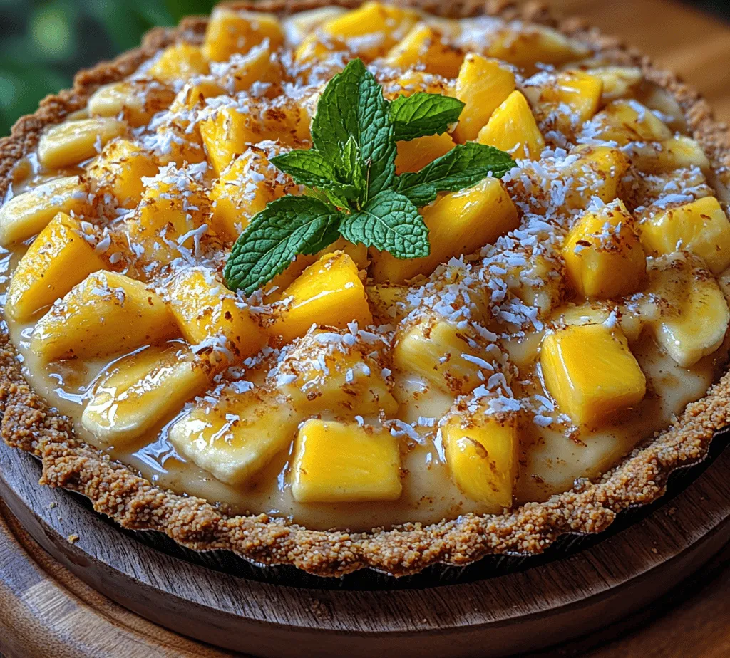 What sets the Tropical Paradise Pie apart is its effortless preparation and the way it encapsulates the tropical theme. This no-bake dessert not only saves time in the kitchen but also offers a refreshing escape from the mundane. With a luscious filling that is both creamy and sweet, complemented by a crunchy crust, this pie serves as a celebration of summer flavors. Imagine the combination of sweetened condensed milk and cream of coconut melding together, topped with fresh fruits like pineapple, banana, and mango. This pie captures the spirit of a tropical getaway, bringing a slice of paradise to your dining table.