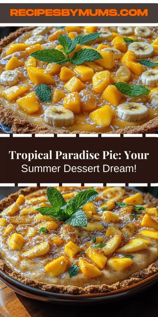 Bring a taste of summer to your table with Tropical Paradise Pie. This easy no-bake dessert features a creamy filling enriched with sweetened condensed milk and cream of coconut, topped with vibrant fresh fruits like pineapple, banana, and mango. Perfect for summer gatherings or a refreshing treat on a warm day, this pie combines a crunchy graham cracker crust with a delightful burst of tropical flavors. Experience bliss in every bite!
