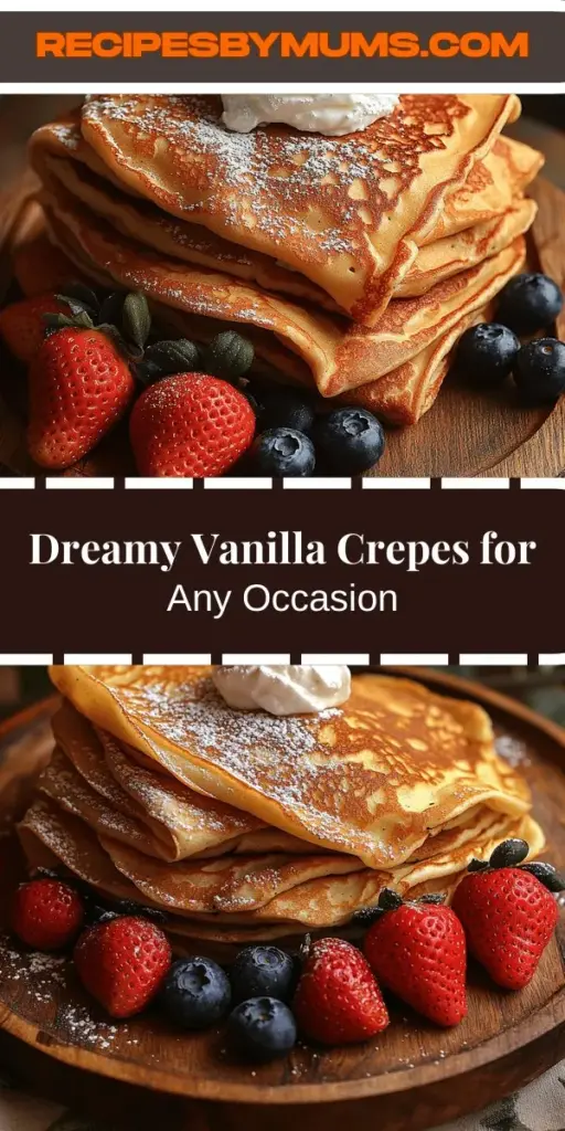 Discover the joy of making Dreamy Vanilla Crepes, a versatile recipe perfect for any occasion. These light and airy crepes are simple to prepare and can be filled with sweet or savory toppings. Whether you're enjoying them with fresh fruit and whipped cream for breakfast or savoring a savory version for lunch, the delicious possibilities are endless. Elevate your kitchen experience with this delightful recipe that will impress family and friends alike.