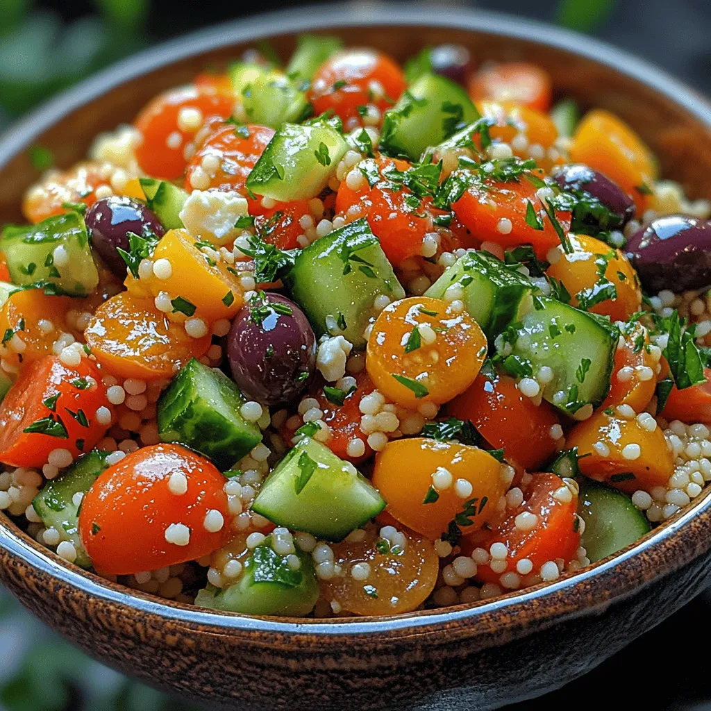 Mediterranean cuisine is celebrated not only for its vibrant flavors but also for its health benefits. Rooted in the culinary traditions of countries bordering the Mediterranean Sea, this cuisine emphasizes fresh ingredients, healthy fats, and a variety of vegetables. The Mediterranean diet has been linked to numerous health advantages, including reduced risks of heart disease, improved brain function, and enhanced longevity. Among the many delightful dishes that embody the essence of this region, <strong>Mediterranean Couscous Salad</strong> stands out as a fresh, nutritious, and versatile option that can be enjoyed year-round.” /></p>
</p>
<h3>Combining Ingredients: Tips for Mixing and Layering Flavors</h3>
</p>
<p>Creating a Mediterranean Couscous Salad is not just about throwing ingredients together; it’s about harmonizing flavors and textures. Start by preparing your couscous according to package instructions, typically using a ratio of 1 cup of couscous to 1.5 cups of water or broth. Allow the couscous to steam and cool slightly before mixing with other ingredients.</p>
</p>
<p>When it comes to combining the ingredients, think about layering flavors. Begin with the base: couscous. Once it’s fluffed and cooled, transfer it to a large mixing bowl. Next, add your chopped vegetables such as cucumbers, bell peppers, and cherry tomatoes. These ingredients provide crunch and freshness. Gently fold them into the couscous using a spatula, being careful not to mash the vegetables.</p>
</p>
<p>For flavor enhancement, incorporate your feta cheese or olives next. These ingredients introduce a salty, tangy element that complements the freshness of the veggies. Make sure to distribute them evenly throughout the salad. Lastly, add your fresh herbs like parsley or mint, which will elevate the dish with their vibrant notes. Mixing the ingredients in stages allows the flavors to meld beautifully.</p>
</p>
<h3>Making the Dressing: How to Achieve the Perfect Emulsion</h3>
</p>
<p>The dressing is a crucial component of any salad, as it ties all the flavors together. For the Mediterranean Couscous Salad, a simple lemon vinaigrette works wonders. To create a perfect emulsion, start with 1/4 cup of extra virgin olive oil, the juice of one large lemon, a teaspoon of Dijon mustard, a pinch of salt, and a sprinkle of freshly ground black pepper.</p>
</p>
<p>In a small bowl or a jar with a lid, combine the lemon juice and mustard first. Whisk or shake to blend these two ingredients thoroughly. Gradually add the olive oil while whisking continuously to create a stable emulsion. The oil should blend smoothly with the lemon juice, resulting in a creamy dressing that clings beautifully to the salad ingredients. Taste the dressing and adjust the seasoning as needed, adding more salt, pepper, or even a touch of honey for sweetness if desired.</p>
</p>
<h3>Dressing the Salad: Techniques for Evenly Coating Ingredients</h3>
</p>
<p>Once your dressing is prepared, it’s time to dress the salad. Drizzle the dressing over the salad ingredients in the bowl, but don’t pour it all at once. Start with half of the dressing, tossing the salad gently but thoroughly to coat all the ingredients without bruising them. This is important, as you want every bite to burst with flavor.</p>
</p>
<p>If the salad looks dry, add more dressing, a little at a time, until you achieve your desired level of moisture. Avoid overdressing, as this can leave the couscous mushy and mask the fresh, vibrant flavors. Consider serving any extra dressing on the side for those who might want more.</p>
</p>
<h3>Adding Fresh Herbs: Importance of Freshness in Flavor</h3>
</p>
<p>Fresh herbs are essential in Mediterranean cuisine, and they play a pivotal role in this couscous salad. Herbs like parsley, mint, or basil not only enhance the flavor but also add a splash of color to your dish. Make sure to use fresh herbs instead of dried ones, as the latter lack the bright, aromatic qualities that fresh herbs provide.</p>
</p>
<p>To prepare the herbs, rinse them under cold water and pat them dry with a paper towel. Remove the leaves from the stems and chop them coarsely. Mix the herbs into the salad right before serving to ensure they retain their freshness and vibrant flavor. The aromatic oils in fresh herbs can diminish over time, so adding them at the end will maximize their impact.</p>
</p>
<h3>Serving Suggestions</h3>
</p>
<p>Once your Mediterranean Couscous Salad is ready, presentation is key. Serve it in a large, shallow bowl or on a platter to showcase the colorful ingredients. Garnish with additional herbs or a sprinkle of crumbled feta cheese for visual appeal.</p>
</p>
<p>This salad pairs beautifully with a variety of Mediterranean dishes. Consider serving it alongside grilled chicken, lamb skewers, or fish for a complete meal. It also complements appetizers like hummus, stuffed grape leaves, or spanakopita, creating a delightful spread for entertaining.</p>
</p>
<p>When it comes to serving temperatures, the salad can be enjoyed fresh or chilled, depending on personal preference. If you’re preparing it ahead of time, refrigerate it for at least an hour before serving to allow the flavors to meld. However, if you serve it immediately after preparation, the fresh flavors and textures will shine through more prominently.</p>
</p>
<h3>Nutritional Analysis of Mediterranean Couscous Salad</h3>
</p>
<p>Understanding the nutritional benefits of your meal is essential, especially when it comes to healthy eating. A typical serving of Mediterranean Couscous Salad (approximately 1 cup) contains around 200-250 calories, depending on the specific ingredients used. This dish is packed with macronutrients, primarily carbohydrates from the couscous, healthy fats from the olive oil and feta cheese, and protein, particularly if you choose to add chickpeas or grilled chicken.</p>
</p>
<p><strong>Breakdown of Nutrients per Serving:</strong></p>
<p>– Calories: 200-250</p>
<p>– Carbohydrates: 30g</p>
<p>– Protein: 6-8g (increased with added chickpeas or chicken)</p>
<p>– Fat: 8-12g (depending on olive oil and cheese)</p>
<p>– Fiber: 3-5g</p>
<p>– Vitamins: Rich in Vitamin C (from vegetables) and Vitamin K (from herbs)</p>
</p>
<p>When compared to other popular salad options, the Mediterranean Couscous Salad stands out due to its balance of flavors and nutrients. Unlike heavier dressings found in Caesar or creamy pasta salads, this dish relies on fresh ingredients and a light vinaigrette, making it a healthier choice.</p>
</p>
<p>The Mediterranean diet is celebrated for its health benefits, including heart health, reduced inflammation, and improved digestion. With its emphasis on whole grains, healthy fats, and fresh produce, this salad encapsulates the principles of the Mediterranean way of eating.</p>
</p>
<h3>Culinary Variations</h3>
</p>
<p>While the classic Mediterranean Couscous Salad is delicious on its own, there are endless possibilities for culinary variations to keep the dish exciting. For instance, you can substitute the feta cheese with goat cheese or even a dairy-free alternative for a vegan option.</p>
</p>
<p>If you want to enhance the dish further, consider adding proteins such as chickpeas, grilled chicken breast, or shrimp. These additions not only boost the protein content but also create a heartier meal.</p>
</p>
<p>Seasonal variations can also help keep the salad fresh. In the fall, incorporate roasted butternut squash or Brussels sprouts. During summer, add grilled zucchini or asparagus. This adaptability allows you to enjoy the Mediterranean Couscous Salad year-round while taking advantage of seasonal produce.</p>
</p>
<h3>Culinary History and Cultural Significance</h3>
</p>
<p>The Mediterranean diet is steeped in rich culinary traditions that date back thousands of years. This way of eating encompasses the cuisines of countries bordering the Mediterranean Sea, including Greece, Italy, Spain, and Turkey. Salads have long played a central role in Mediterranean culture, often served as a refreshing complement to main dishes.</p>
</p>
<p>Salads in this region are not merely side dishes; they are an integral part of meals. They reflect the Mediterranean ethos of using fresh, local ingredients, emphasizing the importance of seasonality and simplicity in cooking. The Mediterranean Couscous Salad embodies these principles, showcasing a variety of vibrant vegetables, grains, and herbs that celebrate the flavors of the region.</p>
</p>
<p>This dish also highlights the Mediterranean diet’s health benefits, promoting balance and moderation. It’s a celebration of wholesome ingredients that nourish both body and spirit, making it a perfect example of how food can bring people together.</p>
</p>
<h3>Conclusion</h3>
</p>
<p>The Mediterranean Couscous Salad is a delightful, healthy, and adaptable dish that brings together the vibrant flavors of the Mediterranean region. With its fresh ingredients, balanced nutrition, and potential for culinary variations, this salad is perfect for any occasion, from casual meals to elegant gatherings.</p>
</p>
<p>As you explore and enjoy Mediterranean flavors at home, don’t hesitate to experiment with different ingredients and dressings. The key to this salad’s success lies in the quality of the ingredients and the care taken in preparation. By incorporating fresh, seasonal produce and staying true to the principles of the Mediterranean diet, you can create a dish that is not only pleasing to the palate but also nourishing for the body.</p>
</p>
<p>So, roll up your sleeves, gather your ingredients, and savor the deliciousness of a Mediterranean Couscous Salad that reflects the essence of the Mediterranean lifestyle: fresh, vibrant, and full of life.</p>
</div>