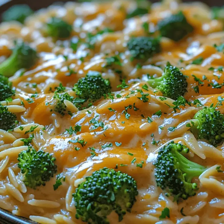 Creamy Broccoli Cheddar Orzo is a delightful dish that effortlessly combines comfort and nutrition into a single bowl. With its rich, velvety texture and the vibrant flavors of fresh broccoli and sharp cheddar cheese, this recipe is a favorite among home cooks looking to satisfy their cravings for a hearty meal. What makes this dish even more appealing is its versatility; whether you're preparing a weeknight dinner, hosting a cozy gathering, or simply treating yourself to a comforting meal, Creamy Broccoli Cheddar Orzo fits the bill perfectly.