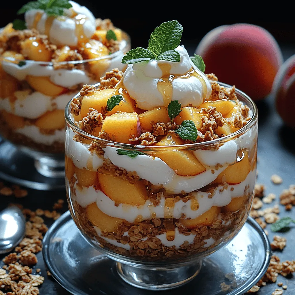 Are you ready to indulge in a dessert that transports you straight to a tropical paradise? Introducing <strong>Tropical Bliss Coconut Cream Peach Parfaits</strong> – a delightful combination of luscious coconut cream layered with sweet, juicy peaches. This recipe not only delivers on flavor but also offers a refreshing treat that’s perfect for warm weather gatherings, brunches, or a simple afternoon snack. The vibrant presentation and creamy texture make these parfaits a feast for the eyes and the taste buds, ensuring they’re a hit with family and friends alike.” /></p>
</p>
<p>The Tropical Bliss Coconut Cream Peach Parfaits are not only a delight to the taste buds but also a feast for the eyes. The combination of fresh peaches, creamy coconut, and crunchy granola creates a wonderful medley of flavors and textures. In this section, we will explore how lemon juice and cinnamon can elevate the flavor profile of the peaches, provide detailed instructions on assembling the parfaits, and offer serving suggestions that will impress your guests. We will also delve into the nutritional benefits of this dessert and how to customize it for various dietary needs.</p>
</p>
<h3>How Lemon Juice and Cinnamon Enhance the Peach Flavor</h3>
</p>
<p>Adding lemon juice and a sprinkle of cinnamon to your peaches can significantly enhance their natural sweetness. The acidity in lemon juice brightens the flavor of the peaches, providing a refreshing contrast to the creamy coconut. This not only intensifies the peach flavor but also adds a layer of complexity to the parfait. Meanwhile, cinnamon introduces a warm, fragrant note that complements the fruity sweetness and evokes feelings of comfort and nostalgia. Together, these simple ingredients transform ordinary peaches into a vibrant, flavorful component of your parfait.</p>
</p>
<h3>Suggestions for Variations</h3>
</p>
<p>While peaches are the star of this parfait, feel free to experiment with other fruits to create your own unique variations. Here are some delicious alternatives you can consider:</p>
</p>
<p>– <strong>Mango</strong>: Swap out the peaches for ripe mangoes for a tropical twist.</p>
<p>– <strong>Berries</strong>: A mix of strawberries, blueberries, and raspberries adds a pop of color and a tangy flavor.</p>
<p>– <strong>Bananas</strong>: Sliced bananas provide a creamy texture that pairs beautifully with coconut.</p>
<p>– <strong>Pineapple</strong>: For a refreshing and tangy flavor, diced pineapple can be an excellent substitute.</p>
</p>
<p>Mix and match these fruits to suit your taste or the seasons. Each fruit brings its own character, ensuring that your Tropical Bliss Parfaits are never boring.</p>
</p>
<h3>Assembling the Parfaits</h3>
</p>
<p><strong>Detailed Assembly Instructions</strong></p>
</p>
<p>1. <strong>Prepare the Ingredients</strong>: Start by ensuring all your ingredients are ready. This includes your coconut cream, prepared peaches with lemon juice and cinnamon, and granola.</p>
</p>
<p>2. <strong>Choose Your Glassware</strong>: Select clear glass cups or jars to showcase the beautiful layers of the parfait. Options include mason jars, stemless wine glasses, or even dessert bowls.</p>
</p>
<p>3. <strong>Layering Techniques for Visual Appeal</strong>:</p>
<p>– Start by spooning a generous layer of coconut cream into the bottom of the glass. This will serve as the base and provide a creamy foundation.</p>
<p>– Follow this with a layer of the lemon-cinnamon peaches. Use a spoon to gently distribute them evenly.</p>
<p>– Sprinkle a layer of granola on top of the peaches for a delightful crunch.</p>
<p>– Repeat the layers until you reach the top of the glass, finishing with a layer of coconut cream.</p>
</p>
<p>4. <strong>Balancing Flavors and Textures with Granola</strong>: Ensure that each layer has a balance of flavors and textures. The creaminess of the coconut, the sweetness of the peaches, and the crunch of the granola should harmonize in every bite. If you prefer a crunchier parfait, add more granola in each layer.</p>
</p>
<p>5. <strong>Creative Serving Suggestions</strong>: For an elegant touch, consider topping the parfaits with additional coconut flakes or a drizzle of honey. You can also serve these parfaits on a decorative platter, garnished with fresh mint leaves for a pop of color.</p>
</p>
<p>6. <strong>Customizing Layers for Personal Preference</strong>: Feel free to adjust the quantity of each layer based on your preference. If you love more fruit, add an extra layer of peaches. Alternatively, if you prefer a richer coconut flavor, increase the amount of coconut cream.</p>
</p>
<h3>Garnishing and Serving Suggestions</h3>
</p>
<p><strong>Ideas for Garnishing with Mint Leaves and Extra Granola</strong>: Garnishing not only enhances the visual appeal of your parfaits but also adds a fresh flavor. A few sprigs of mint on top can elevate the presentation, while a sprinkle of additional granola adds extra texture and crunch.</p>
</p>
<p><strong>Discussion on Ideal Serving Temperatures and Timing</strong>: Serve your parfaits chilled for the best experience. If you prepare them in advance, refrigerate them for at least 30 minutes before serving to allow the flavors to meld together. They can be kept in the refrigerator for up to 24 hours, but it’s best to add granola just before serving to maintain its crunch.</p>
</p>
<p><strong>Suggestions for Pairing the Parfaits with Other Dishes or Beverages</strong>: These parfaits make a fantastic standalone dessert but can also be served alongside a variety of dishes. Consider pairing them with:</p>
</p>
<p>– <strong>Breakfast</strong>: Serve alongside pancakes or waffles for a delightful brunch.</p>
<p>– <strong>Beverages</strong>: Pair with a refreshing iced tea, lemonade, or even a glass of sparkling wine for a festive occasion.</p>
<p>– <strong>Snacks</strong>: They can serve as a light snack option, especially during hot summer days.</p>
</p>
<h3>Nutritional Information</h3>
</p>
<p><strong>Breakdown of Calories, Fats, Sugars, and Other Nutrients per Serving</strong>: Each serving of the Tropical Bliss Coconut Cream Peach Parfait contains approximately:</p>
</p>
<p>– Calories: 300</p>
<p>– Total Fat: 18g</p>
<p>– Saturated Fat: 14g</p>
<p>– Sugars: 15g</p>
<p>– Protein: 3g</p>
<p>– Fiber: 2g</p>
</p>
<p>This dessert is a delicious treat that can fit into a balanced diet when enjoyed in moderation.</p>
</p>
<p><strong>Discussion on the Health Benefits of Enjoying Coconut Cream and Peaches</strong>: Coconut cream is a source of healthy fats that can provide energy and support heart health. It is rich in medium-chain triglycerides (MCTs), which may aid in weight management and improve cognitive function. Peaches, on the other hand, are low in calories and high in vitamins A and C, making them a nutritious addition to any diet. They also contain antioxidants that can help fight inflammation and promote overall health.</p>
</p>
<h3>Customizing Your Parfait Experience</h3>
</p>
<p><strong>Ideas for Dietary Modifications</strong>: The versatility of the Tropical Bliss Coconut Cream Peach Parfaits allows for various dietary modifications:</p>
</p>
<p>– <strong>Vegan</strong>: This recipe is naturally vegan-friendly if you use unsweetened coconut cream and granola that does not contain honey.</p>
<p>– <strong>Gluten-Free</strong>: Opt for gluten-free granola to make this parfait suitable for those with gluten intolerance.</p>
<p>– <strong>Low-Sugar</strong>: If you want to reduce sugar intake, consider using unsweetened coconut cream and adjusting the amount of granola or using a low-sugar granola option.</p>
</p>
<p><strong>Suggestions for Seasonal Variations</strong>: Depending on the season, you can easily swap out the fruits to keep the parfaits fresh and exciting. For example, during winter, you could use poached pears or apples, while in spring, strawberries and rhubarb could take the spotlight.</p>
</p>
<h3>Conclusion</h3>
</p>
<p>The Tropical Bliss Coconut Cream Peach Parfaits are a delightful and versatile dessert that can be enjoyed any time of the year. With their bright flavors, creamy textures, and nutritious ingredients, they offer a refreshing treat that is both satisfying and healthy. Whether you’re hosting a summer barbecue, a holiday gathering, or simply treating yourself, these parfaits are sure to impress.</p>
</p>
<p>We encourage you to try making this refreshing dessert at home. The combination of fresh peaches, creamy coconut, and crunchy granola is not only delicious but also a fun way to explore your culinary creativity. Remember, the joy of creating delicious, healthy treats is one of the best parts of cooking, and these parfaits are a perfect way to share that joy with family and friends. Enjoy your Tropical Bliss Coconut Cream Peach Parfaits, and let the flavors transport you to a tropical paradise!</p>
</div>