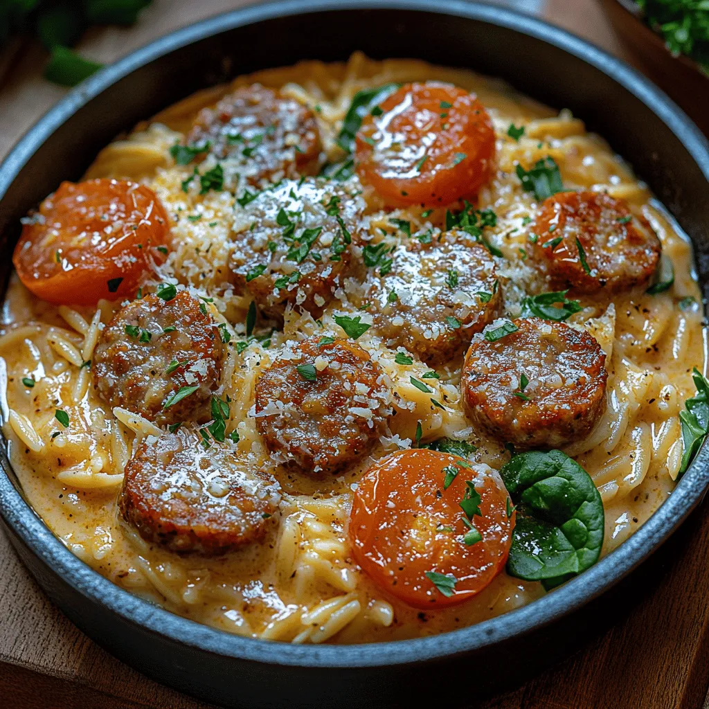 When it comes to weeknight dinners, few meals can compete with the convenience and comfort of a one-pan dish. Enter <strong>Creamy Chicken Sausage Orzo</strong>—a delightful recipe that combines the heartiness of chicken sausage, the satisfying texture of orzo pasta, and the creaminess that makes it feel indulgent. This dish is not only quick to prepare but also bursting with flavor, making it a perfect choice for busy families or for those special occasions when you want to impress without spending all day in the kitchen.” /></p>
</p>
<h3>Serving Suggestions: Presentation Tips and Ideal Accompaniments</h3>
</p>
<p>When it comes to serving your Creamy Chicken Sausage Orzo, presentation is key to enhancing the overall dining experience. Here are some tips to make your dish visually appealing:</p>
</p>
<p>1. <strong>Garnish with Fresh Herbs</strong>: Just before serving, sprinkle freshly chopped parsley or basil over the top. Not only does this add a pop of color, but it also enhances the flavor profile.</p>
</p>
<p>2. <strong>Serving Dish</strong>: Consider using a large, shallow serving bowl or a beautiful platter to showcase the orzo. This allows guests to see the vibrant colors of the dish, which can be quite appetizing.</p>
</p>
<p>3. <strong>Cheese Topping</strong>: For added richness, a light sprinkle of freshly grated Parmesan cheese can elevate your orzo dish. Serve a small bowl of extra cheese on the side for those who want to indulge a little more.</p>
</p>
<p>4. <strong>Accompanying Sides</strong>: Pair your orzo with a simple side salad dressed with a light vinaigrette to balance the creaminess of the dish. A side of roasted or steamed vegetables can also add color and nutrition.</p>
</p>
<p>5. <strong>Beverage Pairings</strong>: A crisp white wine, such as a Sauvignon Blanc, complements the flavors beautifully. For a non-alcoholic option, consider sparkling water with a slice of lemon.</p>
</p>
<h3>Nutritional Analysis</h3>
</p>
<p>Understanding the nutritional content of your Creamy Chicken Sausage Orzo is essential, especially if you’re conscious of your dietary intake. Here’s a breakdown of the nutritional values per serving:</p>
</p>
<p>– <strong>Calories</strong>: Approximately 450-500 kcal</p>
<p>– <strong>Protein</strong>: 25-30 grams</p>
<p>– <strong>Fats</strong>: 15-20 grams (with a focus on healthy fats)</p>
<p>– <strong>Carbohydrates</strong>: 50-55 grams</p>
<p>– <strong>Fiber</strong>: 3-5 grams</p>
<p>– <strong>Vitamins and Minerals</strong>: Rich in Vitamin C from any added vegetables, B vitamins from the orzo, and essential minerals like iron and calcium.</p>
</p>
<h4>Health Benefits of Using Chicken Sausage vs. Traditional Sausage</h4>
</p>
<p>One of the standout features of this recipe is the use of chicken sausage, which typically has lower fat content than traditional pork sausage. This switch not only reduces calories but also provides a leaner protein source. Chicken sausage is often seasoned with herbs and spices, offering a delicious flavor without the extra calories associated with higher-fat meats. Additionally, by controlling the ingredients, you can avoid the preservatives and additives commonly found in commercial sausages, making it a healthier choice overall.</p>
</p>
<h4>Tips for Making the Dish Lighter or More Indulgent</h4>
</p>
<p>– <strong>Lighten It Up</strong>: Use whole grain orzo for added fiber and nutrients. You can also substitute low-fat cream or Greek yogurt for heavy cream to cut down on calories while maintaining creaminess.</p>
</p>
<p>– <strong>For Indulgence</strong>: Incorporate a splash of white wine or more cheese for a richer taste. Adding a bit of butter at the end can also enhance the flavor and texture.</p>
</p>
<h3>Flavor Variations and Customizations</h3>
</p>
<p>One of the joys of cooking is the ability to experiment with flavors and ingredients. Here are some suggestions for customizing your Creamy Chicken Sausage Orzo:</p>
</p>
<h4>Alternative Proteins</h4>
</p>
<p>– <strong>Turkey Sausage</strong>: A leaner alternative that maintains the same savory flavor profile.</p>
<p>– <strong>Plant-Based Options</strong>: For a vegetarian twist, opt for plant-based sausage or crumbled tempeh seasoned with your favorite spices.</p>
</p>
<h4>Vegetarian Version</h4>
</p>
<p>To create a delicious vegetarian version of this dish, replace the sausage with hearty vegetables like bell peppers, zucchini, or mushrooms. You can also add chickpeas for additional protein and texture.</p>
</p>
<h4>Flavor Enhancements</h4>
</p>
<p>Incorporate different herbs and spices to elevate your dish:</p>
<p>– <strong>Basil and Oregano</strong>: Classic Italian flavors that pair beautifully with creamy sauces.</p>
<p>– <strong>Red Pepper Flakes</strong>: For those who enjoy a bit of heat, adding red pepper flakes can spice things up.</p>
<p>– <strong>Lemon Zest</strong>: A touch of lemon zest or juice can brighten up the flavors remarkably.</p>
</p>
<h4>Seasonal Variations</h4>
</p>
<p>Take advantage of seasonal produce by incorporating:</p>
<p>– <strong>Spring</strong>: Asparagus and peas for a fresh, vibrant addition.</p>
<p>– <strong>Summer</strong>: Cherry tomatoes and zucchini for a colorful burst.</p>
<p>– <strong>Fall</strong>: Pumpkin or butternut squash for a warm, comforting flavor.</p>
<p>– <strong>Winter</strong>: Kale or spinach to boost nutrition and add depth.</p>
</p>
<h3>Pairing and Serving Suggestions</h3>
</p>
<p>To enhance the dining experience with your Creamy Chicken Sausage Orzo, consider these pairing suggestions:</p>
</p>
<h4>Best Side Dishes</h4>
</p>
<p>– <strong>Simple Green Salad</strong>: A light salad with mixed greens, cherry tomatoes, and a lemon vinaigrette is a perfect accompaniment.</p>
<p>– <strong>Garlic Bread</strong>: A slice of toasted garlic bread can soak up the creamy sauce and add a satisfying crunch.</p>
<p>– <strong>Roasted Vegetables</strong>: Seasonal roasted vegetables add color and complement the flavors beautifully.</p>
</p>
<h4>Wine and Beverage Pairings</h4>
</p>
<p>– <strong>White Wine</strong>: A crisp Sauvignon Blanc or a light Pinot Grigio pairs nicely with the creamy flavors.</p>
<p>– <strong>Red Wine</strong>: For red wine lovers, a light-bodied Chianti can also work well.</p>
<p>– <strong>Non-Alcoholic Options</strong>: Sparkling water with a hint of lime or lemon offers a refreshing contrast to the dish.</p>
</p>
<h4>Creative Leftover Ideas</h4>
</p>
<p>If you have leftovers, don’t let them go to waste! Here are some inventive ideas to reuse your Creamy Chicken Sausage Orzo:</p>
<p>– <strong>Orzo Bake</strong>: Mix the leftovers with some cheese and bake until bubbly for a comforting casserole.</p>
<p>– <strong>Stuffed Peppers</strong>: Use the orzo to stuff bell peppers, top with cheese, and bake until heated through.</p>
<p>– <strong>Soup Base</strong>: Incorporate the orzo into a broth along with more vegetables for a hearty soup.</p>
</p>
<h3>Conclusion</h3>
</p>
<p>Creamy Chicken Sausage Orzo is not just a meal; it’s a versatile dish that caters to various tastes and occasions. Its creamy texture and rich flavors make it a comforting choice for family dinners, while its adaptability allows for countless variations to suit your preferences.</p>
</p>
<p>Whether you are looking to impress guests or enjoy a cozy night in, this recipe is simple yet delicious. You can play with flavors, adjust ingredients, and create a dish that reflects your culinary style. So gather your ingredients, unleash your creativity, and indulge in this delightful orzo dish that promises satisfaction every time you serve it. Enjoy the cooking adventure!</p>
</div>