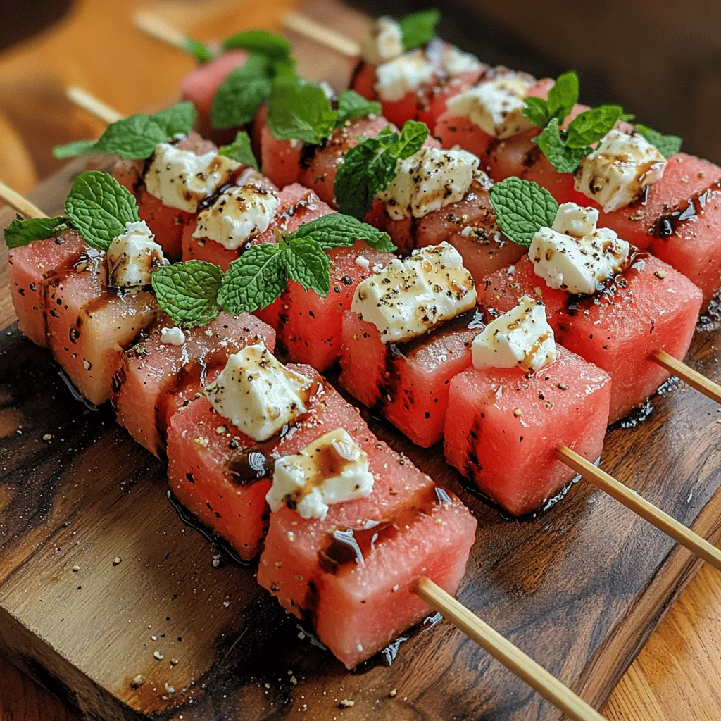 As the sun blazes and temperatures rise, the quest for light and refreshing meals becomes paramount. Among the plethora of summer dishes, few can rival the delight of <strong>Refreshing Greek Watermelon Feta Skewers</strong>. This vibrant dish encapsulates the essence of summer gatherings—easy to prepare, visually appealing, and bursting with flavor. Imagine biting into juicy watermelon, its sweetness perfectly balanced by the tangy creaminess of feta cheese, while a hint of fresh mint elevates the experience to a new level of refreshment. This recipe not only tantalizes the taste buds but also celebrates the spirit of sharing delicious food with friends and family during warm-weather festivities.” /></p>
</p>
<h3>Creative Ideas for Arranging Skewers on a Serving Platter</h3>
</p>
<p>When it comes to serving Greek Watermelon Feta Skewers, presentation is just as important as taste. To create an eye-catching platter, consider alternating the arrangement of the skewers. Start by laying down a bed of fresh greens—arugula or spinach works beautifully—on your serving dish. This not only adds a splash of color but also a layer of freshness to the dish.</p>
</p>
<p>Next, arrange the skewers in clusters. Grouping them by color can create a visually appealing effect; for example, place the vibrant red watermelon next to the white feta for a striking contrast. You can also create a rainbow effect by mixing in some cherry tomatoes or slices of cucumber. For an added touch, use a variety of skewers—wooden, metal, or even colorful ones—to enhance the aesthetic appeal.</p>
</p>
<p>If you’re feeling particularly creative, consider creating a vertical display by standing the skewers upright in a decorative vase or a container filled with uncooked rice or beans. This not only makes the skewers easy to grab but also serves as a conversation starter at your gathering.</p>
</p>
<h3>The Importance of Drizzling Balsamic Glaze</h3>
</p>
<p>One of the standout features of Greek Watermelon Feta Skewers is the drizzle of balsamic glaze. This ingredient not only elevates the flavors of the dish but also adds a sophisticated touch. The sweet and tangy profile of balsamic glaze enhances the natural sweetness of the watermelon while balancing the saltiness of the feta cheese, creating a harmonious flavor experience.</p>
</p>
<p>Moreover, the glossy finish of the balsamic glaze adds a visual appeal that is hard to resist. When drizzling, aim for a zigzag pattern across the skewers to create an artistic flair. This simple addition can transform your skewers from a basic appetizer into a gourmet delight.</p>
</p>
<h3>Suggestions for Garnishing and Enhancing Presentation</h3>
</p>
<p>To elevate the presentation of your skewers even further, consider garnishing with additional mint leaves. Fresh mint not only complements the flavors of the watermelon and feta but also adds a burst of color and a fragrant aroma. You might also sprinkle some crushed pistachios or walnuts on top for a delightful crunch and an added layer of flavor.</p>
</p>
<p>If you want to take it a step further, consider adding edible flowers to your platter. Flowers like nasturtiums or pansies can bring an unexpected pop of color and serve as a beautiful garnish. Just ensure that any flowers used are safe for consumption.</p>
</p>
<h3>Serving Suggestions</h3>
</p>
<p>Greek Watermelon Feta Skewers are incredibly versatile and can be served on various occasions. They are ideal for summer barbecues, picnics, or outdoor gatherings where light, refreshing dishes are favored. Their vibrant colors and refreshing flavors make them a perfect addition to any summer table.</p>
</p>
<p>These skewers also shine as an appetizer at dinner parties or family celebrations. They offer a unique and healthful option that can appeal to a variety of palates, making them an excellent choice for entertaining.</p>
</p>
<p>When considering pairing suggestions, think of light white wines such as a Sauvignon Blanc or a crisp Prosecco, which can enhance the flavors of the skewers beautifully. For non-alcoholic options, sparkling water with a splash of lemon or lime can complement the dish just as well.</p>
</p>
<h3>Nutritional Benefits of the Ingredients</h3>
</p>
<p>The ingredients in Greek Watermelon Feta Skewers not only create a delicious dish but also pack a nutritional punch. Watermelon, for instance, is incredibly hydrating due to its high water content. It is also rich in antioxidants, particularly lycopene, which is known for its potential cancer-fighting properties and benefits for heart health.</p>
</p>
<p>Feta cheese contributes a good amount of protein, making these skewers a satisfying snack. It is also a source of calcium, which is essential for bone health. Furthermore, the tangy flavor of feta adds depth to the dish without overwhelming it.</p>
</p>
<p>Mint should not be overlooked either, as it boasts digestive properties and can provide relief from nausea and indigestion. Its refreshing qualities help to balance the richness of the feta, making each bite delightful.</p>
</p>
<p>This recipe can easily fit into a balanced, healthy diet. It is low in calories, high in flavor, and packed with nutrients, making it an excellent choice for anyone looking to eat healthily without sacrificing taste.</p>
</p>
<h3>Variations on the Classic Recipe</h3>
</p>
<p>While the classic Greek Watermelon Feta Skewers are delicious as they are, there are plenty of variations to explore that can introduce new flavors and experiences.</p>
</p>
<p>For a tropical twist, consider adding fruits like strawberries or mango to the skewers. These fruits pair beautifully with watermelon and can add an extra layer of sweetness and color.</p>
</p>
<p>Another idea is to incorporate different herbs—basil or arugula can provide a unique flavor profile and complement the other ingredients in an unexpected way. You might even try grilling or roasting the skewers, which can deepen the flavors and add a smoky element that contrasts nicely with the sweetness of the watermelon.</p>
</p>
<p>For those following a vegan diet, creating a plant-based version of the skewers is simple. Substitute traditional feta with a plant-based feta alternative, or even try marinated tofu for a different texture. You can also omit the balsamic glaze if you prefer a lighter option.</p>
</p>
<h3>Conclusion</h3>
</p>
<p>In summary, Greek Watermelon Feta Skewers are a refreshing, versatile dish that can elevate any summer gathering. Their combination of sweet watermelon, tangy feta, and fragrant mint creates a flavor profile that is both unique and satisfying. The visual appeal and nutritional benefits further enhance their charm, making them a fantastic addition to any meal.</p>
</p>
<p>Whether you’re hosting a barbecue, attending a picnic, or simply looking for a healthy snack, these skewers are sure to impress. We encourage you to try this recipe for your next gathering and enjoy the delightful balance of flavor and nutrition. With endless possibilities for variations, you can customize these skewers to suit your taste, ensuring they always remain a fresh and exciting option.</p>
</div>
