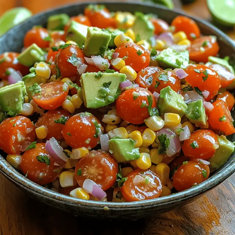 Sweet corn is the star ingredient in this fiesta salad, providing a delightful crunch and natural sweetness that is hard to resist. When fresh, the kernels are juicy and bursting with flavor, making them the ideal base for this dish. Nutritionally, sweet corn is a good source of fiber, vitamins B and C, and essential minerals like magnesium and potassium. Its natural sweetness is not only delicious but also a perfect counterbalance to the more savory elements of the salad, making it a versatile ingredient that can be enjoyed in numerous culinary preparations.