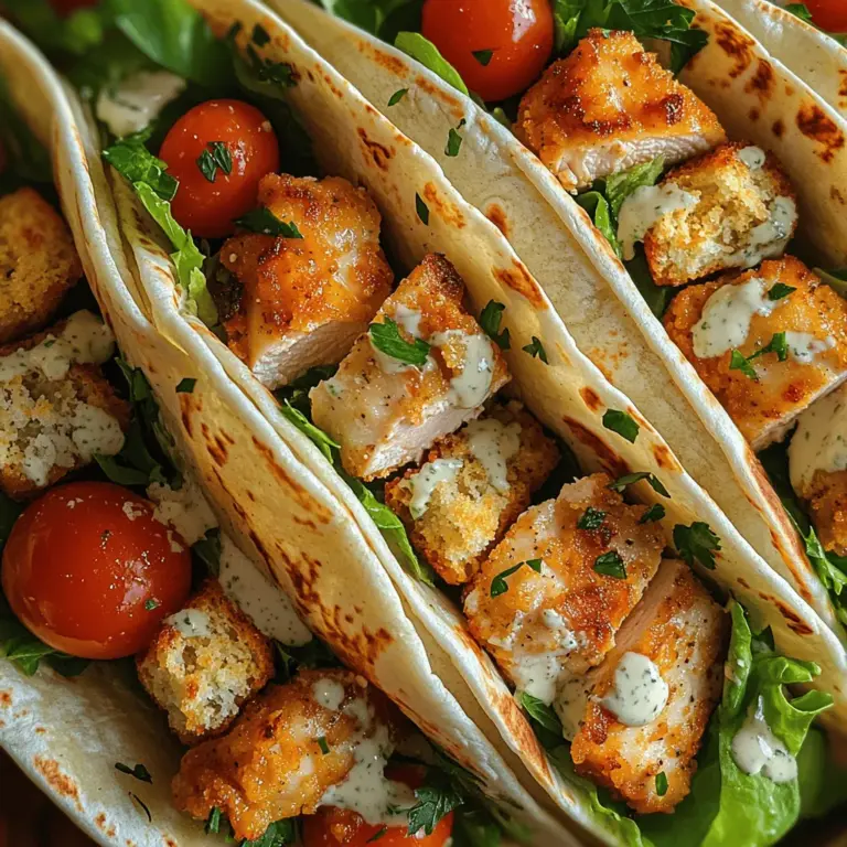 The Crunchy Caesar Delight Wraps are not just another dish; they are a celebration of textures and flavors. The crispiness of the chicken, the crunch of fresh vegetables, and the rich creaminess of the Caesar dressing come together to create a symphony of taste in each bite. What truly sets this recipe apart is its versatility. You can enjoy it as a quick lunch at work, a satisfying dinner at home, or even as a healthy meal-prep option that you can grab on the go. Additionally, it allows for customization, so you can add or substitute ingredients based on your personal preferences or dietary needs.