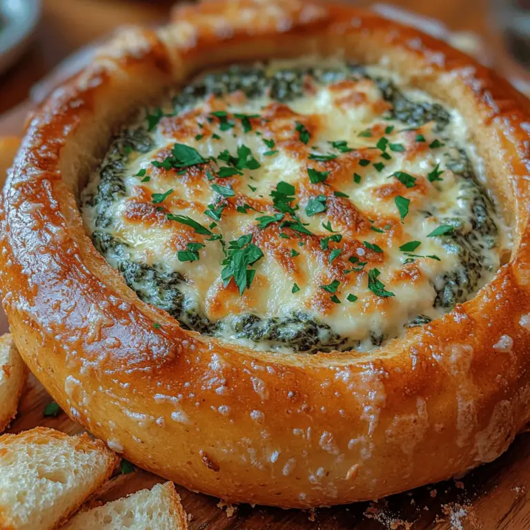 If you are looking for a show-stopping appetizer that combines comfort food with a creative twist, the Cheesy Spinach Dip Bread Ring is the perfect solution. Imagine a warm, crusty bread bowl filled to the brim with a creamy, cheesy spinach dip, ready to be devoured by friends and family alike. This dish not only serves as a delightful centerpiece for any gathering but also offers a unique way to enjoy the classic flavors of spinach dip.