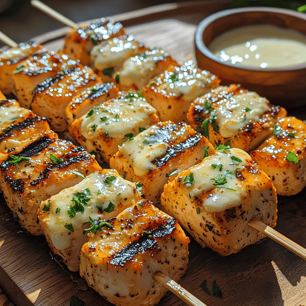 Grilled chicken skewers are a beloved dish that perfectly embodies the essence of outdoor cooking. Whether it’s a summer barbecue, a cozy family dinner, or a festive gathering, these skewers deliver not only delicious flavor but also a visually appealing presentation. Among the myriad of options available, <strong>Grilled Ranch Garlic Parmesan Chicken Skewers</strong> stand out as a versatile and mouthwatering choice.” /></p>
</p>
<h3>Ideal Grill Temperatures for Chicken</h3>
</p>
<p>When grilling chicken, achieving the right temperature is crucial for both flavor and safety. The ideal grill temperature for chicken skewers is approximately 375°F to 450°F. This range allows for a nice sear on the outside while ensuring that the inside cooks thoroughly. Preheat your grill for about 10 to 15 minutes before adding your skewers—this will help create those beautiful grill marks and seal in the juices.</p>
</p>
<h3>Skewering the Chicken</h3>
</p>
<p>Once your chicken is marinated and your grill is preheated, it’s time to skewer the chicken. Use metal or soaked wooden skewers to prevent burning. If you are using wooden skewers, soaking them in water for at least 30 minutes before grilling will help them withstand the heat without catching fire.</p>
</p>
<p><strong>Technique for Threading Chicken for Even Cooking</strong></p>
</p>
<p>Threading the chicken pieces onto your skewers is more than just a task; it’s a technique that can affect your cooking outcome. Cut your chicken into uniform pieces, about 1 to 1.5 inches, to ensure even cooking. When skewering, leave a small gap between each piece to allow heat to circulate. This will help both the chicken and the seasoning develop beautifully as they grill.</p>
</p>
<h3>Grilling the Skewers</h3>
</p>
<p>With your skewers ready, place them on the grill. Cook the chicken skewers for about 10 to 15 minutes, turning them occasionally to promote even cooking. It’s essential to monitor the grill temperature; too high and you risk burning the outside while the inside remains undercooked.</p>
</p>
<p><strong>Tips for Achieving Perfect Grill Marks and Ensuring Chicken is Cooked Through</strong></p>
</p>
<p>To achieve those coveted grill marks, avoid moving the skewers too frequently. Give each side about 3 to 5 minutes on the grill before flipping. This will allow the chicken to develop nice char marks while locking in flavors. Use tongs to flip the skewers gently, and keep an eye on the grill to prevent flare-ups, which can occur with marinades containing oil.</p>
</p>
<p><strong>Importance of Checking the Internal Temperature (165°F) for Food Safety</strong></p>
</p>
<p>Safety is paramount when cooking chicken. Always use a meat thermometer to check the internal temperature of the chicken. Insert the thermometer into the thickest part of the meat; it should read 165°F to ensure that it is safe to eat. This simple step will guarantee that your chicken is juicy and cooked to perfection.</p>
</p>
<h3>Finishing Touches</h3>
</p>
<p>Once your chicken skewers are almost done, it’s time to add the finishing touches.</p>
</p>
<p><strong>Adding the Parmesan Cheese</strong></p>
</p>
<p>Sprinkle freshly grated Parmesan cheese over the skewers during the last minute of grilling. This timing is crucial; adding the cheese too early can result in burnt cheese that loses its flavor. The heat from the grill will lightly melt the cheese, creating a delicious, gooey topping that enhances the overall flavor.</p>
</p>
<p><strong>Timing for Adding Cheese During Grilling for the Best Melt and Flavor</strong></p>
</p>
<p>Aim to add the Parmesan cheese when the internal temperature reaches about 160°F. This will allow it to melt without overcooking the chicken. Keep the skewers on the grill for an additional minute or two, just long enough for the cheese to melt and adhere to the chicken.</p>
</p>
<p><strong>Importance of Resting the Skewers</strong></p>
</p>
<p>After grilling, it’s important to let your chicken skewers rest for about 5 to 10 minutes. Resting allows the juices to redistribute throughout the meat, resulting in a more succulent bite. If you cut into the skewers immediately, the juices will run out, leading to dry chicken.</p>
</p>
<h3>Serving Suggestions</h3>
</p>
<p>Now that your Grilled Ranch Garlic Parmesan Chicken Skewers are perfectly cooked and resting, it’s time to serve them!</p>
</p>
<p><strong>Ideas for Serving These Skewers</strong></p>
</p>
<p>These skewers are incredibly versatile and can be served in a variety of ways. They make an excellent main dish for dinner or can be cut into smaller pieces and served as appetizers during parties or gatherings.</p>
</p>
<p><strong>Pairing with Sides Like Salads, Grilled Vegetables, or Dips</strong></p>
</p>
<p>Pair the chicken skewers with a fresh salad, grilled vegetables, or even a side of rice for a complete meal. A light arugula salad dressed with lemon vinaigrette complements the rich flavors of the chicken. Grilled zucchini or bell peppers can add a colorful and nutritious side that enhances the meal.</p>
</p>
<p><strong>Using Extra Ranch Dressing as a Dipping Sauce</strong></p>
</p>
<p>For an extra flavor boost, serve the skewers with a side of ranch dressing for dipping. This not only ties in with the ranch seasoning used in the marinade but also adds a creamy texture that contrasts beautifully with the grilled chicken.</p>
</p>
<p><strong>Discussing the Versatility of the Dish for Different Occasions</strong></p>
</p>
<p>Whether you’re hosting a barbecue, a casual family dinner, or a game day gathering, Grilled Ranch Garlic Parmesan Chicken Skewers fit the bill. Their ease of preparation and delicious flavor make them a crowd-pleaser, satisfying both adults and children alike.</p>
</p>
<h3>Nutritional Information</h3>
</p>
<p>Understanding the nutritional benefits of your ingredients is essential, especially when preparing meals for health-conscious friends and family.</p>
</p>
<p><strong>Overview of the Nutritional Benefits of the Main Ingredients</strong></p>
</p>
<p>The primary ingredients in these skewers—chicken breast, garlic, and Parmesan cheese—offer numerous health benefits. Chicken breast is a lean source of protein, essential for muscle growth and repair. Garlic is not just flavorful; it also has health benefits, including boosting the immune system and reducing blood pressure. Parmesan cheese, while rich in flavor, is also a good source of calcium and protein.</p>
</p>
<p><strong>Health Considerations of the Dish</strong></p>
</p>
<p>This recipe can be easily modified to fit various dietary needs. For those looking to reduce calorie intake, consider using less cheese or substituting with a lower-fat cheese option. Additionally, using skinless chicken breast minimizes fat content further.</p>
</p>
<p><strong>Caloric Content, Protein Levels, and Other Nutritional Aspects</strong></p>
</p>
<p>On average, each skewer contains approximately 150-200 calories, depending on the amount of cheese used and the size of the chicken pieces. Each skewer also packs around 25 grams of protein, making them a great option for a post-workout meal.</p>
</p>
<h3>Conclusion</h3>
</p>
<p>In conclusion, Grilled Ranch Garlic Parmesan Chicken Skewers are not only delicious and simple to prepare but also a versatile dish suitable for any occasion. The combination of tender chicken, savory ranch seasoning, and gooey melted Parmesan creates an irresistible flavor profile that will delight your taste buds.</p>
</p>
<p>We encourage you to try this recipe for your next gathering, barbecue, or family dinner. Cooking with fresh ingredients and enjoying the process of grilling can bring joy to your culinary experience. Whether served as a main dish or as appetizers, these skewers are sure to be a hit with everyone at the table. Enjoy the satisfaction of creating a homemade grilled dish that not only tastes fantastic but also brings people together.</p>
</div>