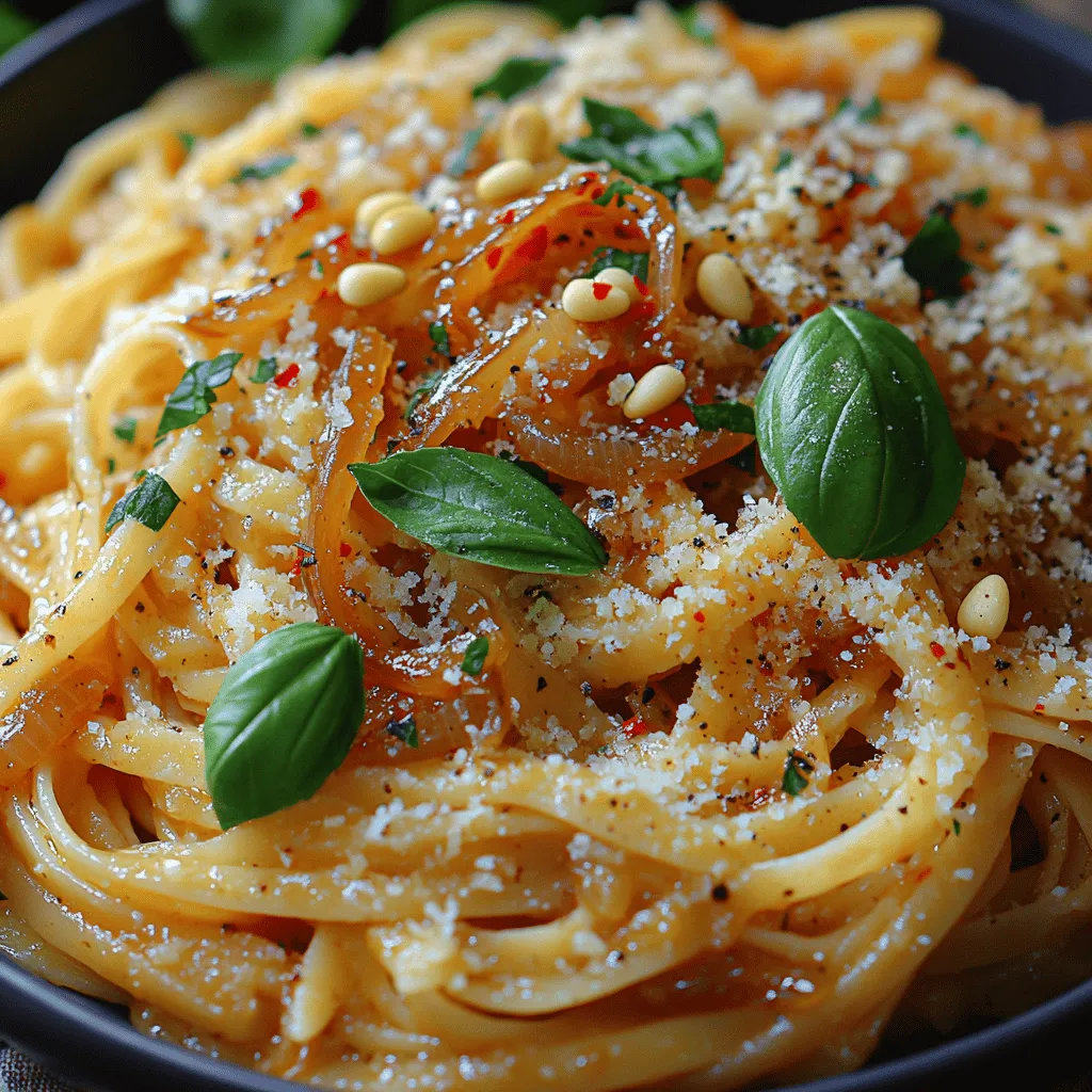 Pasta is one of the most beloved dishes around the world, celebrated for its versatility and ability to absorb flavors. Among the myriad of pasta recipes, <strong>Caramelized Onion Pasta with Chilli Oil</strong> stands out as an exquisite fusion of sweetness and spice. This dish balances the rich, deep flavors of caramelized onions with the warm kick of chili oil, creating a delightful culinary experience that tantalizes the taste buds.” /></p>
</p>
<p>To create a truly memorable dish of Caramelized Onion Pasta with Chilli Oil, the critical step lies in the harmonious combination of pasta, caramelized onions, and the infused chili oil. Here’s how to achieve that perfect blend of flavors while enhancing your dish with optional ingredients that can elevate your culinary experience.</p>
</p>
<h3>Combining the Pasta with Caramelized Onions and Infused Oil</h3>
</p>
<p>Once your pasta is cooked to al dente perfection, it’s time to bring together the star ingredients. Start by reserving a cup of the pasta cooking water before draining the pasta. This starchy water is a valuable resource for achieving the desired sauce consistency.</p>
</p>
<p>In a large mixing bowl, combine the drained pasta with the caramelized onions. Make sure to include any remaining oil from the pan, as it carries the rich, sweet flavors of the onions. Drizzle in the infused chili oil gradually, stirring gently to coat the pasta evenly. If the mixture seems dry, add a splash of the reserved pasta water until it reaches your preferred consistency. The goal is to have a silky sauce that clings to the pasta beautifully without being overly oily.</p>
</p>
<p>As you mix, take a moment to appreciate the aroma wafting through your kitchen. The sweet notes of caramelized onions blend seamlessly with the warming spice of the chili oil, creating a dish that is both comforting and inviting.</p>
</p>
<h3>Flavor Enhancements</h3>
</p>
<p>To elevate your Caramelized Onion Pasta with Chilli Oil even further, consider incorporating some optional ingredients that will add depth, freshness, and texture to your meal.</p>
</p>
<h4>Parmesan Cheese</h4>
</p>
<p>Parmesan cheese is a classic addition that brings a creamy richness to the dish. When freshly grated and added just before serving, it melts slightly, creating an exquisite layer of flavor. Parmesan not only enhances the overall taste but also contributes beneficial nutrients such as calcium and protein. For those seeking a plant-based alternative, consider nutritional yeast, which provides a cheesy flavor without dairy.</p>
</p>
<h4>Fresh Basil and Lemon Zest</h4>
</p>
<p>A sprinkle of fresh basil leaves adds a burst of color and flavor, providing a herbal note that balances the sweetness of the onions. Tear the basil leaves rather than chopping them to release their essential oils, which intensify the aroma.</p>
</p>
<p>Additionally, a touch of lemon zest can brighten the dish, cutting through the richness of the oil and cheese. The citrus notes uplift the entire flavor profile, making each bite refreshing and vibrant. Simply zest a lemon over the finished pasta dish right before serving for that perfect zing.</p>
</p>
<h4>Toasted Pine Nuts</h4>
</p>
<p>For a delightful crunch, consider adding toasted pine nuts. Their nutty flavor complements the caramelized onions beautifully. To toast pine nuts, place them in a dry skillet over medium heat. Stir frequently for 3-5 minutes until they are golden and fragrant. Be careful not to burn them, as they can quickly turn bitter. Once toasted, sprinkle them over the pasta for added texture and richness.</p>
</p>
<h3>Serving Suggestions</h3>
</p>
<p>Presentation is key when serving your Caramelized Onion Pasta with Chilli Oil. Here are some ideas to ensure your dish looks as good as it tastes.</p>
</p>
<h4>Garnishing Techniques</h4>
</p>
<p>When plating the pasta, use tongs to twirl the noodles into a nest shape in the center of the plate. This creates an appealing height to your dish. Garnish with a generous handful of fresh basil leaves and a sprinkle of toasted pine nuts on top. For an extra flourish, drizzle a little more chili oil over the top and finish with a final grating of Parmesan cheese. This not only enhances the visual appeal but also invites diners to enjoy the vibrant colors and textures.</p>
</p>
<h4>Pairing with Beverages</h4>
</p>
<p>To complement the spicy and savory notes of your Caramelized Onion Pasta, consider pairing it with a crisp white wine or a light-bodied red. A Sauvignon Blanc or Pinot Grigio works wonderfully, as their acidity cuts through the richness of the dish. If you prefer red wine, a light-bodied Pinot Noir can provide a nice balance without overpowering the flavors. For non-alcoholic options, a sparkling water with a wedge of lemon or a refreshing iced herbal tea can be excellent choices.</p>
</p>
<h3>Nutritional Information</h3>
</p>
<p>Understanding the nutritional content of your dish can enhance your cooking experience. Here’s a breakdown of the approximate nutritional values per serving of Caramelized Onion Pasta with Chilli Oil:</p>
</p>
<p>– <strong>Calories</strong>: 550</p>
<p>– <strong>Total Fat</strong>: 22g (Saturated Fat: 4g)</p>
<p>– <strong>Carbohydrates</strong>: 73g</p>
<p>– <strong>Protein</strong>: 15g</p>
<p>– <strong>Fiber</strong>: 3g</p>
</p>
<p>This dish provides a well-rounded meal, offering carbohydrates for energy, healthy fats from the olive oil, and protein from the cheese and pasta. The inclusion of onions also adds beneficial antioxidants, while herbs like basil contribute vitamins and minerals essential for maintaining a balanced diet.</p>
</p>
<h3>Cultural Significance of Pasta Dishes</h3>
</p>
<p>Pasta holds a special place in many cultures around the world, often regarded as comfort food. In Italian cuisine, pasta is not just a dish but a communal experience, often enjoyed at family gatherings and celebrations. Each region has its unique variations, reflecting local ingredients and traditions.</p>
</p>
<p>The versatility of pasta allows it to be adapted in countless ways, making it a beloved staple in many households. From creamy sauces to light, herb-infused dishes, pasta can cater to diverse tastes and preferences. This Caramelized Onion Pasta with Chilli Oil embodies that spirit of adaptability, merging rich flavors with a hint of spice, making it a dish that resonates with many.</p>
</p>
<h3>Conclusion</h3>
</p>
<p>In wrapping up your culinary adventure with Caramelized Onion Pasta with Chilli Oil, it becomes clear that this dish is a delightful blend of simplicity and sophistication. The ease of preparation, combined with the complex flavors of caramelized onions and infused chili oil, results in a comforting meal that can impress even the most discerning palates.</p>
</p>
<p>Whether you’re preparing a weeknight dinner or a special gathering, this recipe offers a satisfying experience that highlights the joy of cooking. With optional enhancements such as Parmesan cheese, fresh basil, lemon zest, and toasted pine nuts, you can personalize the dish to suit your taste.</p>
</p>
<p>We encourage you to try making this pasta dish at home and savor the delightful blend of flavors. Your kitchen will be filled with enticing aromas, and your taste buds will thank you for the experience. Enjoy the satisfaction of creating a homemade dish that celebrates the comforting nature of pasta while introducing a touch of sophistication to your table.</p>
</div>