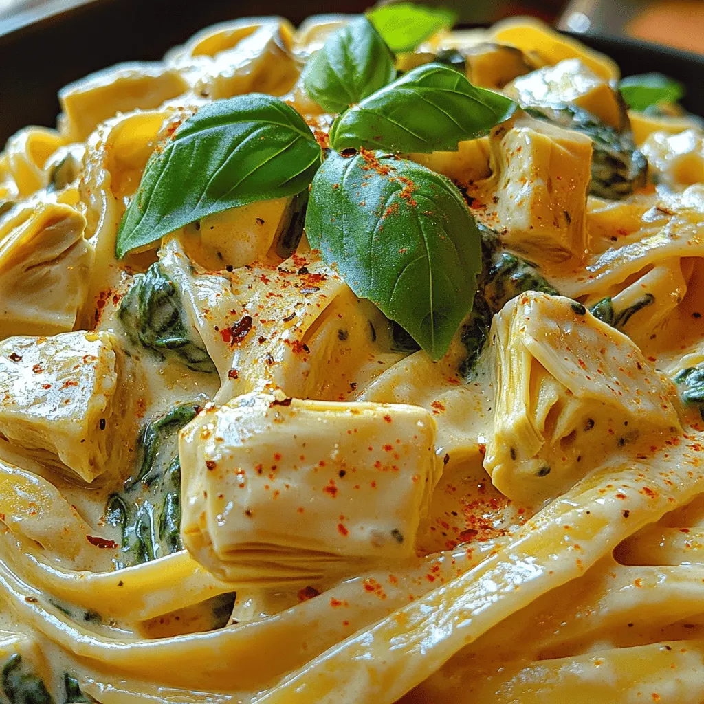 In the realm of comfort food, creamy pasta dishes reign supreme, offering a warm embrace that can turn any meal into a delightful experience. Among these beloved dishes, <strong>Creamy Spinach Artichoke Pasta</strong> stands out as a rich and satisfying option that combines the earthy flavors of spinach with the tangy zest of artichokes. This dish not only tantalizes the taste buds but also brings a vibrant green hue to your plate, making it as visually appealing as it is delicious.” /></p>
</p>
<h3>Making the Creamy Sauce: Achieving the Right Consistency and Flavor</h3>
</p>
<p>Creating the perfect creamy sauce for your spinach artichoke pasta begins with a balance of ingredients and techniques. The goal is to achieve a rich, velvety texture that envelops each strand of pasta without being overly heavy. To start, use a combination of cream cheese and heavy cream, which together create a luscious base.</p>
</p>
<h4>Techniques for Incorporating Cream Cheese Smoothly</h4>
</p>
<p>When adding cream cheese to your sauce, it’s essential to soften it first. This can be done by letting it sit at room temperature for about 30 minutes before cooking. Alternatively, you can microwave it briefly (about 15-20 seconds) until it’s slightly warm and pliable. This softening process helps the cream cheese melt smoothly into the sauce without clumping.</p>
</p>
<p>Begin by sautéing garlic and onion in olive oil or butter until fragrant and translucent. Gradually add the softened cream cheese, stirring continuously to break it down. As it melts, incorporate the heavy cream slowly, whisking to ensure a creamy consistency. If you find the sauce too thick, a splash of pasta water can help loosen it while maintaining creaminess.</p>
</p>
<h3>Incorporating Cheese: The Secret to a Rich, Velvety Sauce</h3>
</p>
<p>Cheese plays a pivotal role in enriching your creamy spinach artichoke sauce. After blending in the cream cheese, consider adding grated Parmesan or Pecorino Romano. These cheeses not only enhance the flavor but also contribute to the sauce’s overall creaminess.</p>
</p>
<h4>Types of Cheese That Can Enhance the Dish</h4>
</p>
<p>While Parmesan is a classic choice, feel free to experiment with other cheeses for additional depth. Creamy cheeses like Gouda or Fontina can bring a unique taste, while a sprinkle of mozzarella can create a delightful stretchiness. Just remember, the key is to use cheeses that melt well to achieve that irresistible creamy texture.</p>
</p>
<h3>Seasoning to Perfection: Balancing Flavors</h3>
</p>
<p>The right seasoning can elevate your creamy spinach artichoke pasta from good to gourmet. Begin with a generous pinch of salt and freshly ground black pepper. Taste as you go; seasoning is crucial for highlighting the flavors of the ingredients.</p>
</p>
<h4>The Role of Red Pepper Flakes and Acid (Lemon) in Flavor Enhancement</h4>
</p>
<p>For a touch of heat, consider adding red pepper flakes. This spice brings warmth without overpowering the dish. Additionally, a squeeze of fresh lemon juice brightens the sauce, cutting through the richness and enhancing the overall flavor profile. Citrus not only complements the creamy textures but also provides a refreshing contrast that keeps the dish balanced.</p>
</p>
<h3>Combining with Pasta: Ensuring Even Coating and Distribution</h3>
</p>
<p>Once your sauce is ready, it’s time to combine it with the cooked pasta. Before draining your pasta, reserve about a cup of the starchy cooking water. This water is crucial for achieving the desired sauce thickness.</p>
</p>
<p>To combine, first, add the drained pasta directly to the skillet with the sauce, then toss gently to coat. If the sauce is too thick, gradually add the reserved pasta water until you reach your preferred consistency. This step ensures that every piece of pasta is evenly coated in the creamy sauce.</p>
</p>
<h4>Importance of Pasta Water for Achieving the Right Sauce Thickness</h4>
</p>
<p>Pasta water is rich in starch, which helps the sauce adhere to the pasta better. This is an essential trick in Italian cooking that enhances the overall dish by creating a cohesive experience. Aim for a silky sauce that clings to the pasta, creating a delightful mouthfeel.</p>
</p>
<h3>Optional Brightness: Using Lemon for an Enhanced Flavor Profile</h3>
</p>
<p>In addition to the juice, consider adding lemon zest for an extra layer of citrus flavor. The zest contains essential oils that impart a vibrant aroma and intense lemon flavor, further elevating the dish. This optional addition can make a significant difference, emphasizing freshness and brightness that complements the richness of the creamy sauce.</p>
</p>
<h4>How Citrus Can Elevate Creamy Dishes</h4>
</p>
<p>Citrus fruits, particularly lemons, are often used in creamy dishes to cut through the heaviness. The acidity helps balance the fats, creating a harmonious flavor profile. When preparing your creamy spinach artichoke pasta, don’t shy away from incorporating citrus; it can transform your dish from indulgent to refreshingly delightful.</p>
</p>
<h3>Serving Suggestions</h3>
</p>
<p>Presentation is key when serving your creamy spinach artichoke pasta. A well-plated dish not only looks appetizing but also enhances the dining experience. Here are some tips for serving:</p>
</p>
<h4>Presentation Tips for an Appealing Dish</h4>
</p>
<p>– <strong>Garnish</strong>: Top your pasta with freshly grated Parmesan cheese, a sprinkle of parsley, or a few leaves of fresh spinach for color.</p>
<p>– <strong>Serving Dish</strong>: Use a large, shallow bowl to display the pasta beautifully, allowing the creamy sauce to pool at the bottom.</p>
<p>– <strong>Temperature</strong>: Serve the dish immediately while it’s hot for the best texture and flavor.</p>
</p>
<h4>Recommended Side Dishes or Pairings</h4>
</p>
<p>To complement the richness of the creamy spinach artichoke pasta, consider serving it with light and refreshing sides. Some excellent options include:</p>
</p>
<p>– <strong>Garlic Bread</strong>: A crunchy, buttery garlic bread is perfect for scooping up any remaining sauce.</p>
<p>– <strong>Roasted Vegetables</strong>: Seasonal roasted vegetables, such as asparagus or bell peppers, add a healthy and colorful contrast.</p>
<p>– <strong>Simple Salad</strong>: A side salad with mixed greens, cherry tomatoes, and a light vinaigrette can provide a refreshing balance.</p>
</p>
<h3>Ideal Occasions for Serving Creamy Spinach Artichoke Pasta</h3>
</p>
<p>This dish is versatile enough to suit various occasions, from casual family dinners to more intimate date nights. Its creamy, comforting nature makes it perfect for:</p>
</p>
<p>– <strong>Family Gatherings</strong>: Serve this dish as a hearty main course that everyone can enjoy.</p>
<p>– <strong>Celebratory Dinners</strong>: Impress guests with a gourmet-looking dish that’s surprisingly easy to prepare.</p>
<p>– <strong>Date Nights</strong>: Create a romantic atmosphere with a candlelit dinner featuring this indulgent pasta.</p>
</p>
<h3>Nutritional Analysis</h3>
</p>
<p>Understanding the nutritional content of your creamy spinach artichoke pasta can help you enjoy it while maintaining a balanced diet. Here’s a breakdown of the primary components:</p>
</p>
<h4>Caloric Breakdown and Nutritional Information</h4>
</p>
<p>– <strong>Calories</strong>: A typical serving of creamy spinach artichoke pasta contains approximately 500-600 calories, depending on portion size and ingredients.</p>
<p>– <strong>Protein</strong>: The dish is rich in protein from the cheese and pasta, providing about 15-20 grams per serving.</p>
<p>– <strong>Carbohydrates</strong>: Expect around 60-70 grams of carbohydrates, primarily from the pasta.</p>
<p>– <strong>Fats</strong>: The creamy sauce contributes about 20-30 grams of fat, consisting of healthy fats from the cheese and olive oil.</p>
</p>
<h4>Health Benefits Associated with the Main Ingredients</h4>
</p>
<p>– <strong>Spinach</strong>: Packed with vitamins A, C, and K, spinach is an excellent source of iron and antioxidants.</p>
<p>– <strong>Artichokes</strong>: Rich in fiber, artichokes promote digestive health and are low in calories.</p>
<p>– <strong>Cheese</strong>: Provides calcium and protein, which are essential for bone health and muscle maintenance.</p>
</p>
<h3>How to Enjoy This Dish While Maintaining a Balanced Diet</h3>
</p>
<p>To enjoy this creamy pasta while keeping your diet in check, consider the following tips:</p>
</p>
<p>– <strong>Portion Control</strong>: Serve smaller portions, especially if pairing with rich sides.</p>
<p>– <strong>Add Extra Vegetables</strong>: Bulk up the dish with additional veggies like zucchini or broccoli for added nutrients.</p>
<p>– <strong>Whole Wheat Pasta</strong>: Opt for whole wheat or legume-based pasta for added fiber and protein.</p>
</p>
<h3>Conclusion</h3>
</p>
<p>Creamy spinach artichoke pasta is a delightful dish that combines comfort with sophistication. Its rich flavors, smooth texture, and vibrant colors make it a standout choice for any meal. Whether you’re looking for a quick weeknight dinner or an impressive dish for a special occasion, this recipe is sure to satisfy.</p>
</p>
<p>I encourage you to try making this creamy spinach artichoke pasta at home. Not only is it delicious, but it also offers a wonderful way to enjoy the health benefits of spinach and artichokes. With its versatility and appeal, this dish is bound to become a favorite in your culinary repertoire, perfect for family gatherings, date nights, or simply treating yourself to a comforting meal. Enjoy the cooking experience and the delicious results!</p>
</div>