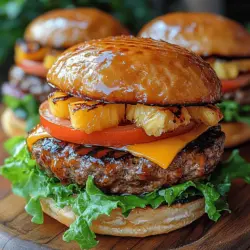 The Grilled Pineapple Teriyaki Burger is an exciting fusion of tropical sweetness and umami-rich flavor. At its core, this dish combines juicy burger patties with the sweet tang of grilled pineapple and a rich, homemade teriyaki sauce. The addition of fresh ingredients like green onions and crunchy lettuce creates a delightful contrast, enhancing the overall eating experience. The interplay of these flavors results in a burger that is not only satisfying but also refreshing, making it a perfect choice for summer cookouts.