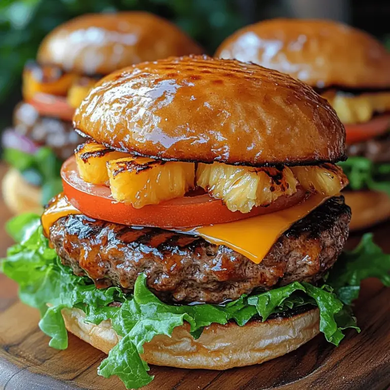 The Grilled Pineapple Teriyaki Burger is an exciting fusion of tropical sweetness and umami-rich flavor. At its core, this dish combines juicy burger patties with the sweet tang of grilled pineapple and a rich, homemade teriyaki sauce. The addition of fresh ingredients like green onions and crunchy lettuce creates a delightful contrast, enhancing the overall eating experience. The interplay of these flavors results in a burger that is not only satisfying but also refreshing, making it a perfect choice for summer cookouts.