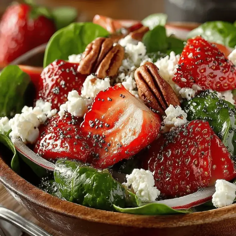 The Sweet & Savory Strawberry Spinach Salad is a vibrant dish that captivates the senses with its delightful blend of flavors and textures. This salad is not just a feast for the eyes; it offers a harmonious balance of sweetness from ripe strawberries, earthiness from fresh spinach, and the creamy tang of feta cheese. Each bite provides a unique experience, making it a popular choice for everything from casual lunches to elegant dinner parties.